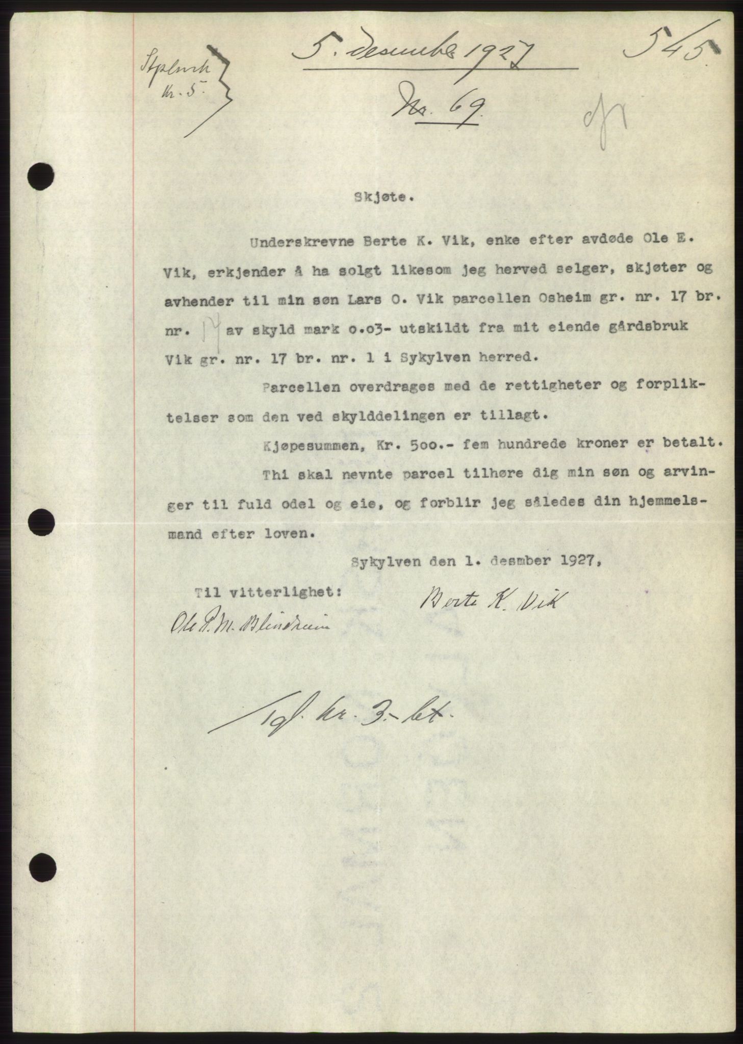 Nordre Sunnmøre sorenskriveri, AV/SAT-A-0006/1/2/2C/2Ca/L0037: Mortgage book no. 40, 1927-1927, Deed date: 05.12.1927