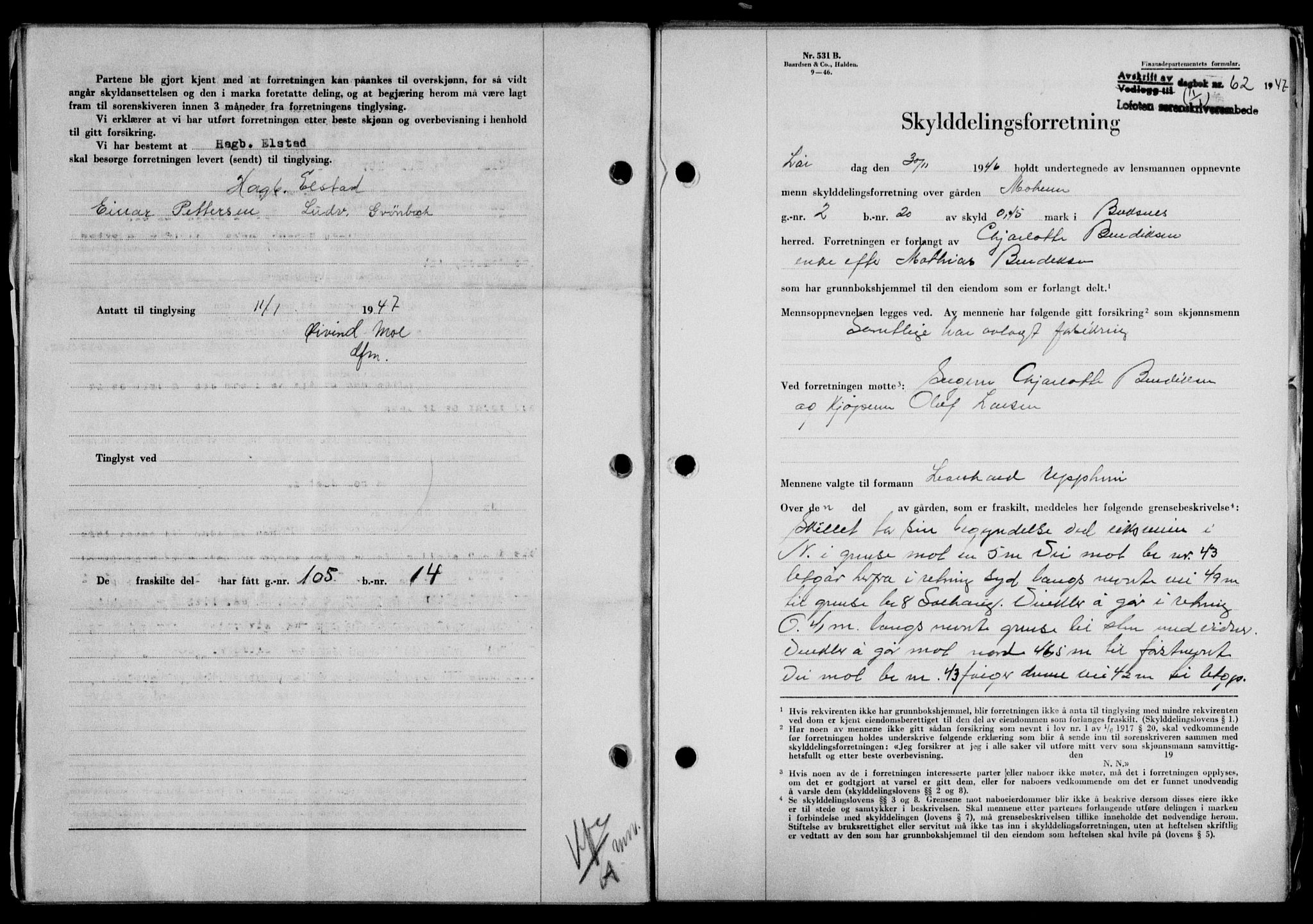 Lofoten sorenskriveri, SAT/A-0017/1/2/2C/L0015a: Mortgage book no. 15a, 1946-1947, Diary no: : 62/1947