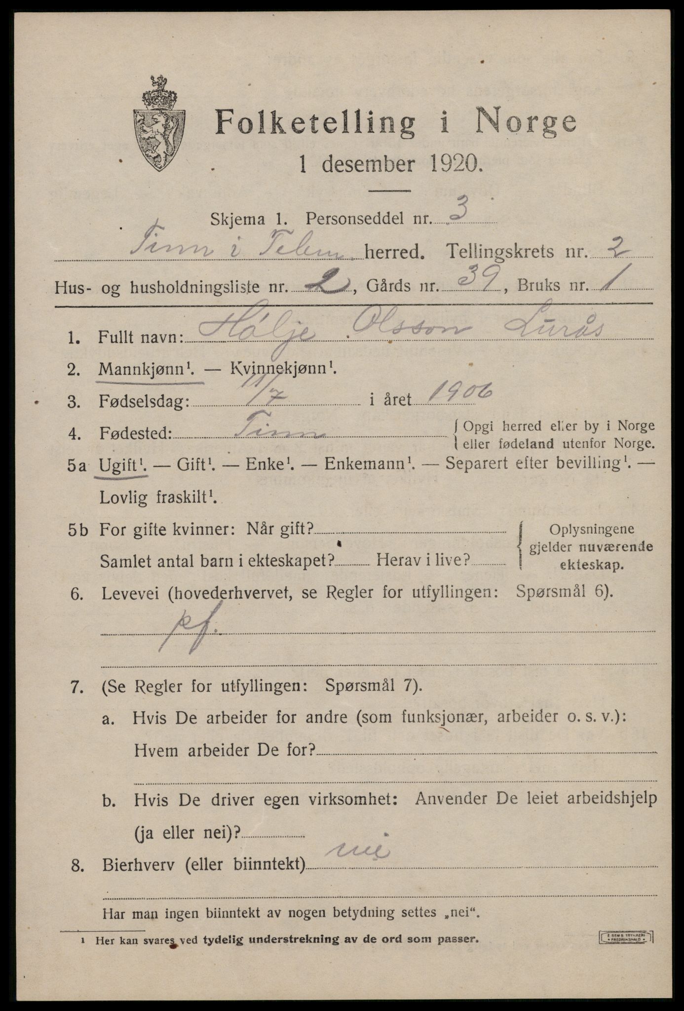 SAKO, 1920 census for Tinn, 1920, p. 3064
