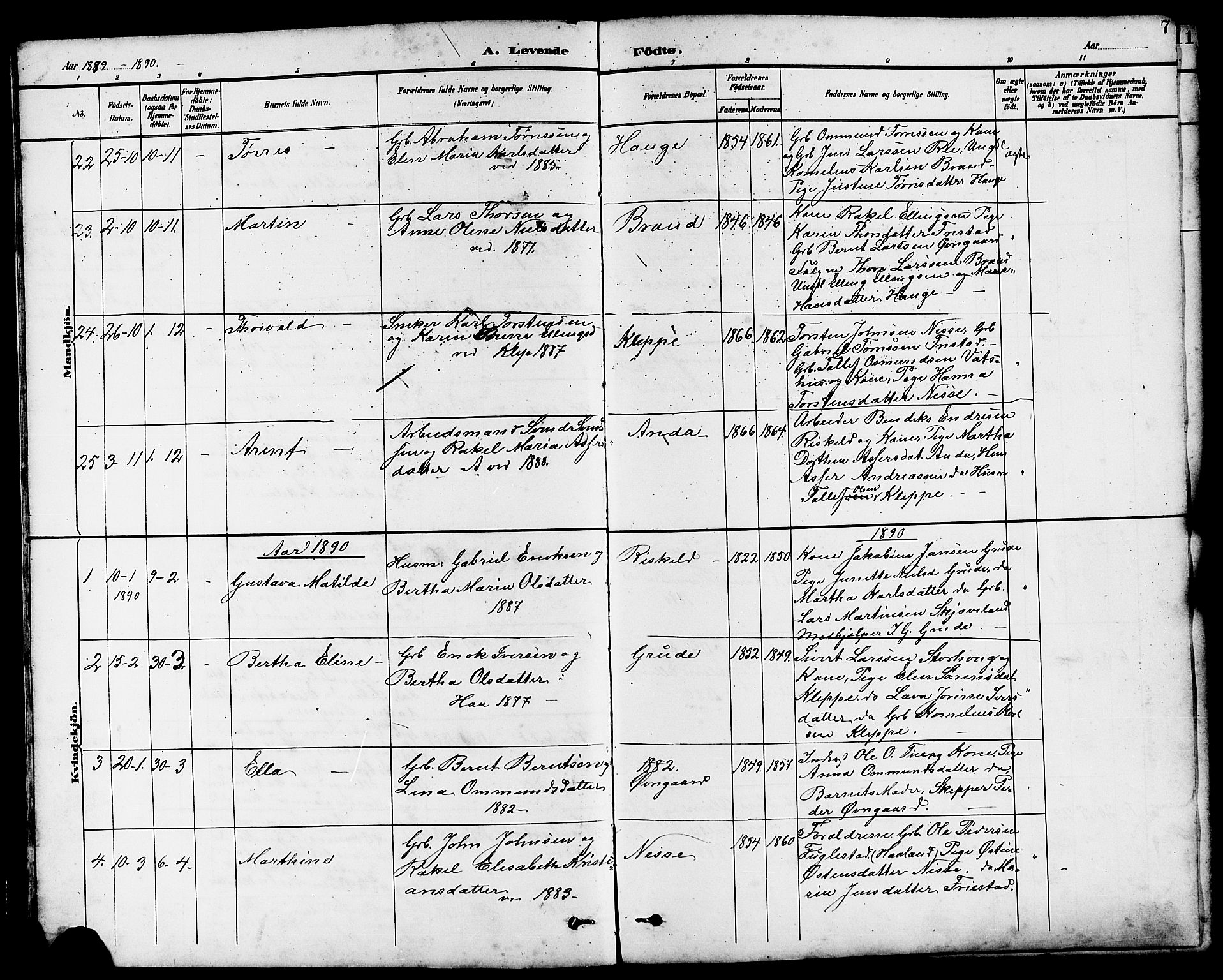 Klepp sokneprestkontor, SAST/A-101803/001/3/30BB/L0004: Parish register (copy) no. B 4, 1889-1914, p. 7