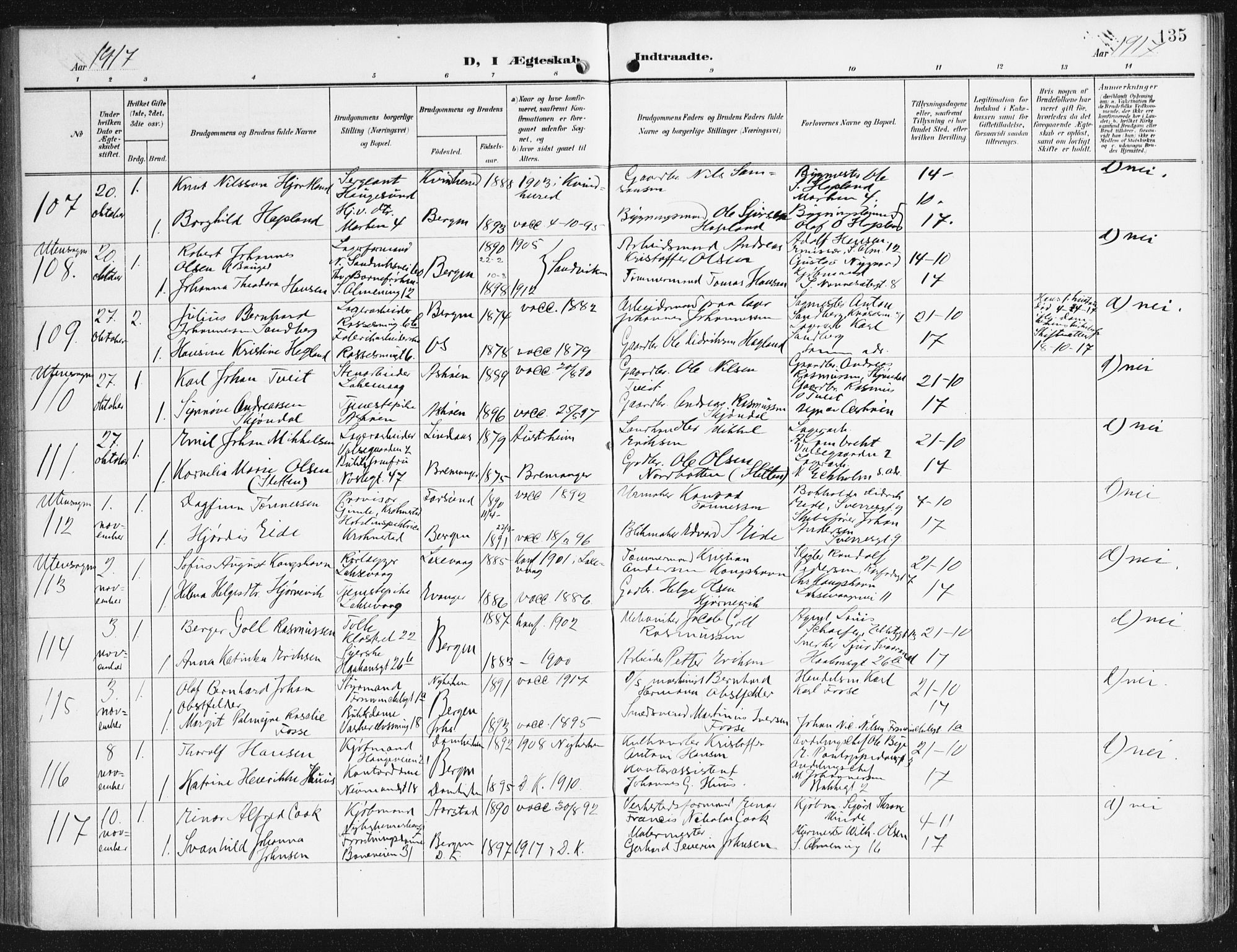 Domkirken sokneprestembete, SAB/A-74801/H/Haa/L0038: Parish register (official) no. D 5, 1906-1921, p. 135