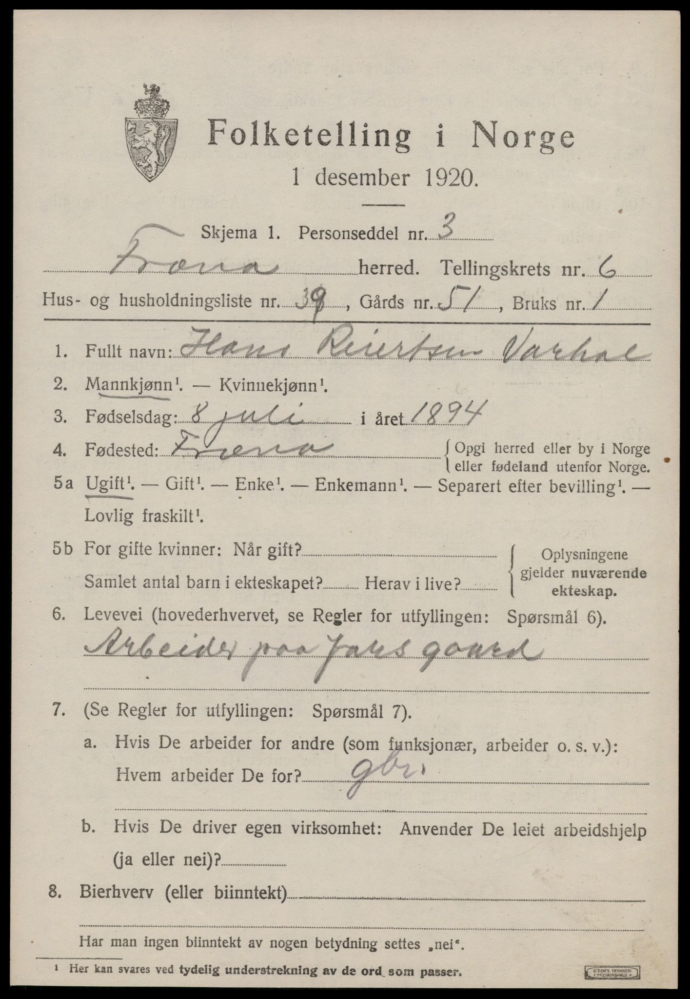 SAT, 1920 census for Fræna, 1920, p. 4513
