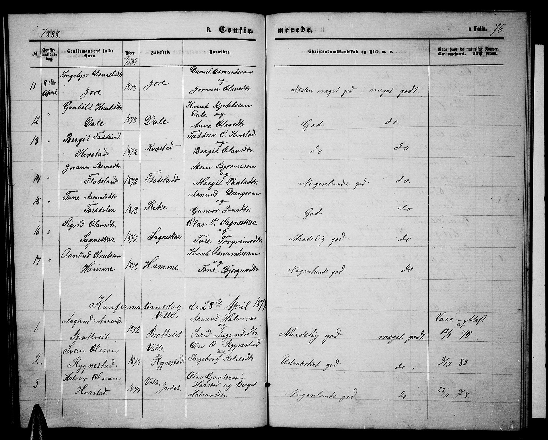Valle sokneprestkontor, SAK/1111-0044/F/Fb/Fbc/L0003: Parish register (copy) no. B 3, 1871-1890, p. 76