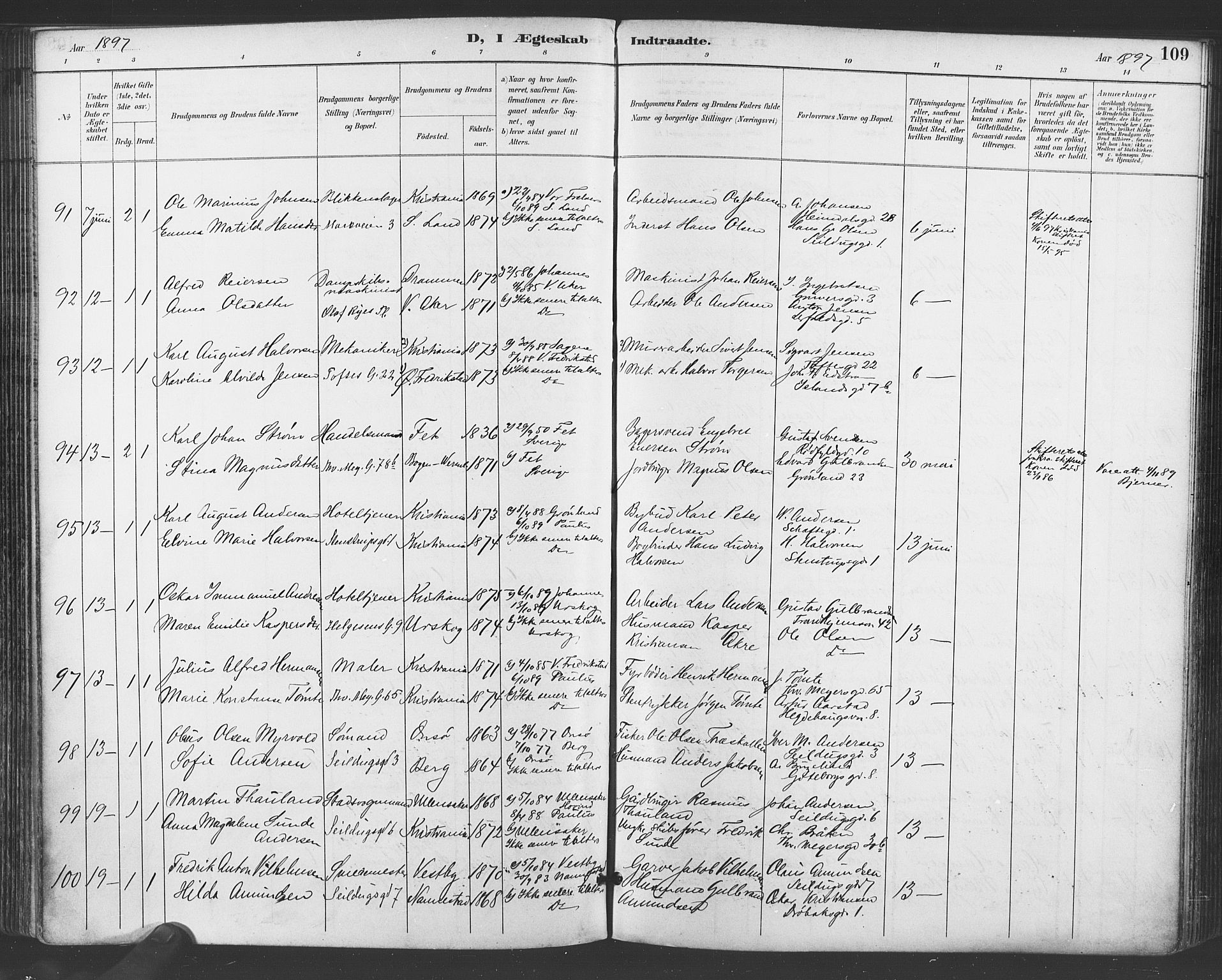 Paulus prestekontor Kirkebøker, SAO/A-10871/F/Fa/L0009: Parish register (official) no. 9, 1891-1901, p. 109