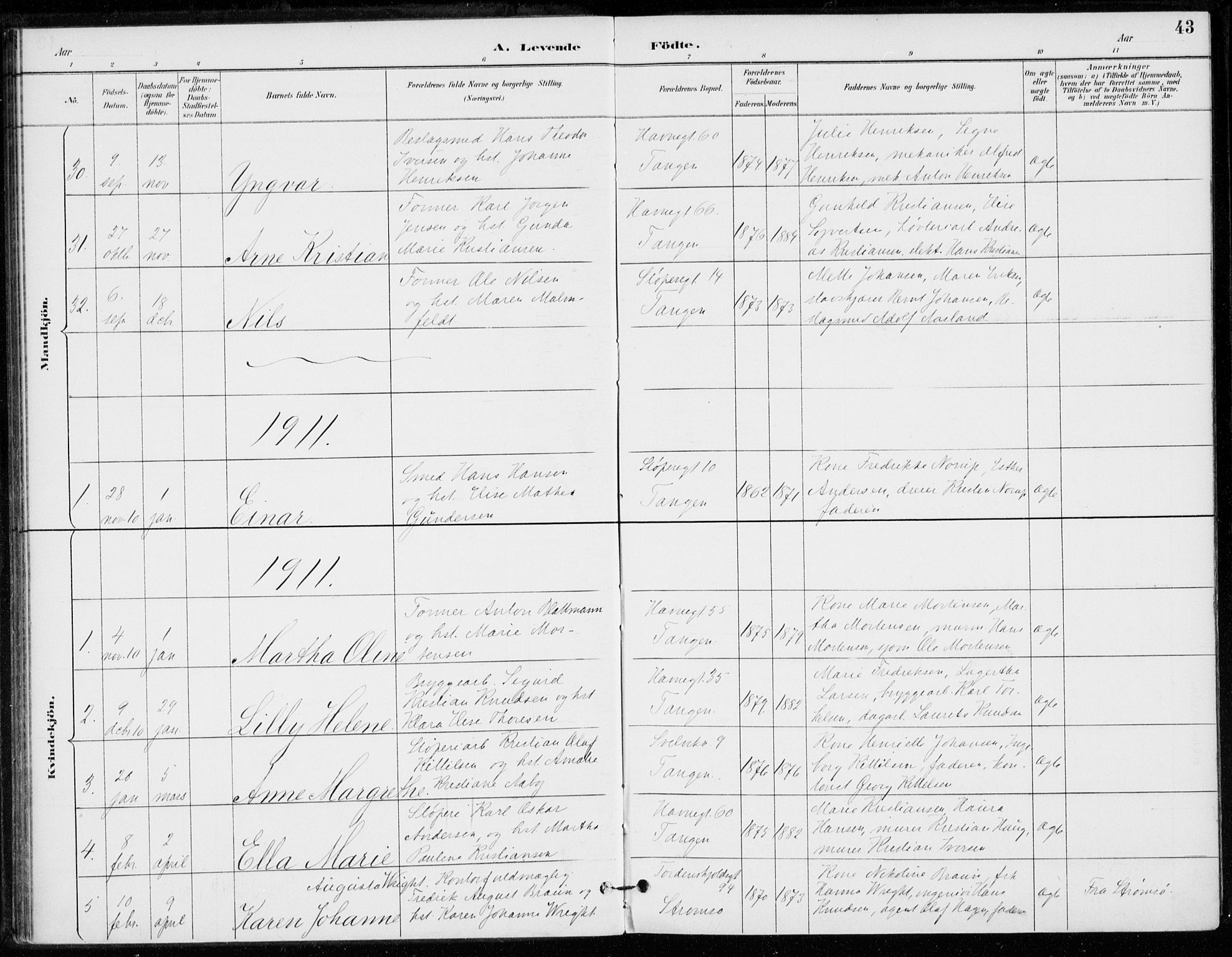 Strømsø kirkebøker, AV/SAKO-A-246/F/Fb/L0007: Parish register (official) no. II 7, 1887-1928, p. 43