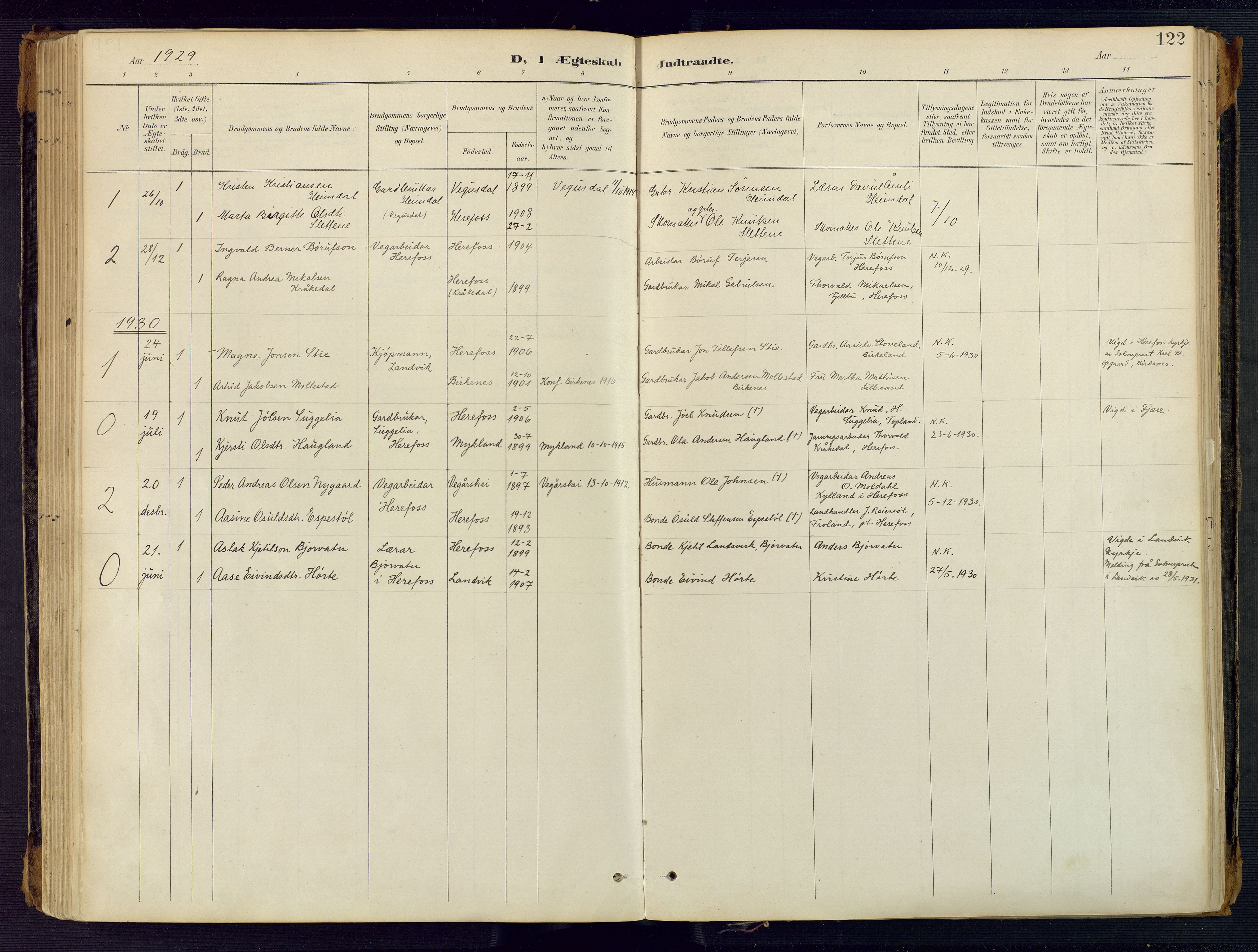 Herefoss sokneprestkontor, AV/SAK-1111-0019/F/Fa/Faa/L0003: Parish register (official) no. A 3, 1887-1930, p. 122