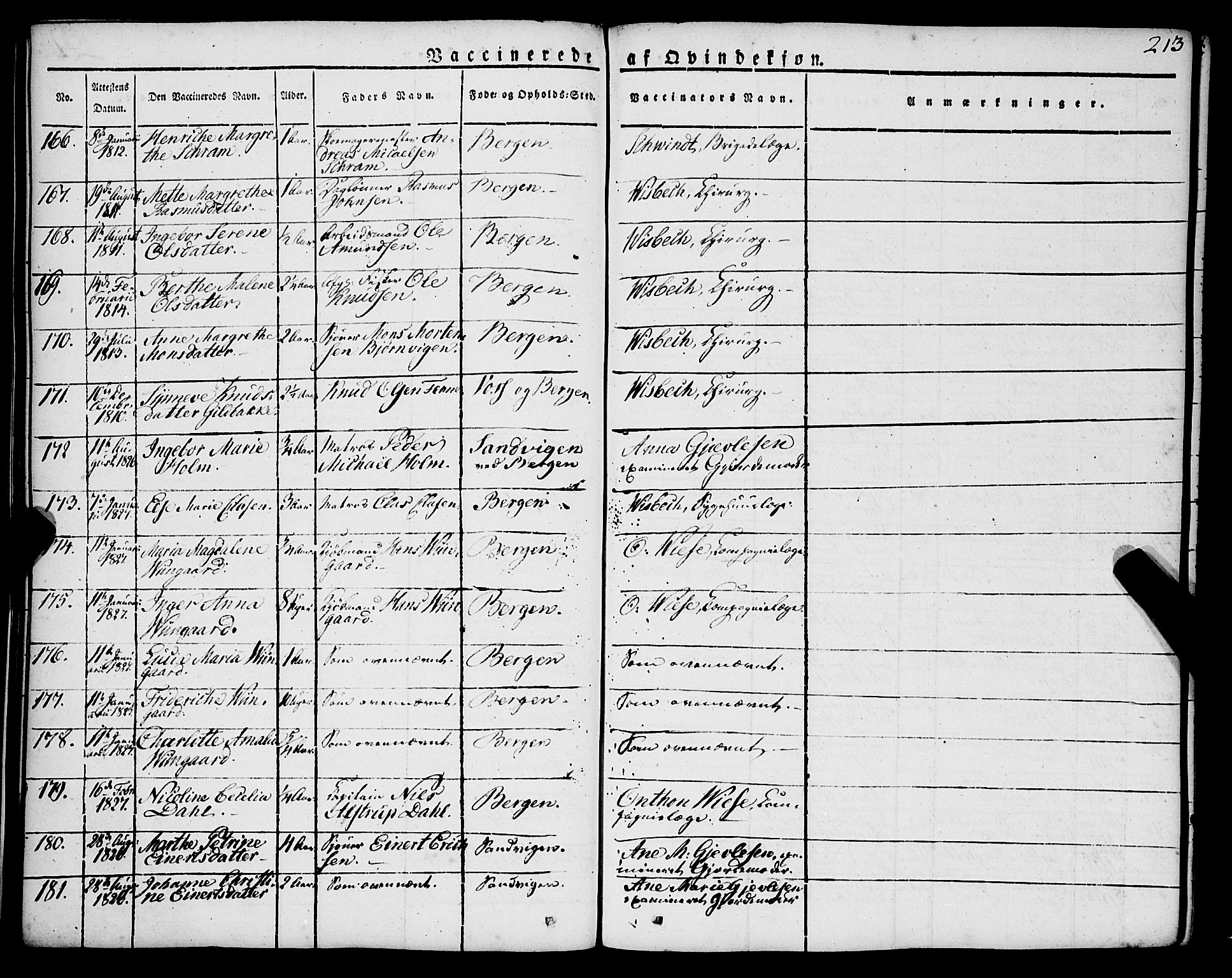 Korskirken sokneprestembete, SAB/A-76101/H/Haa/L0050: Parish register (official) no. F 1, 1821-1869, p. 213