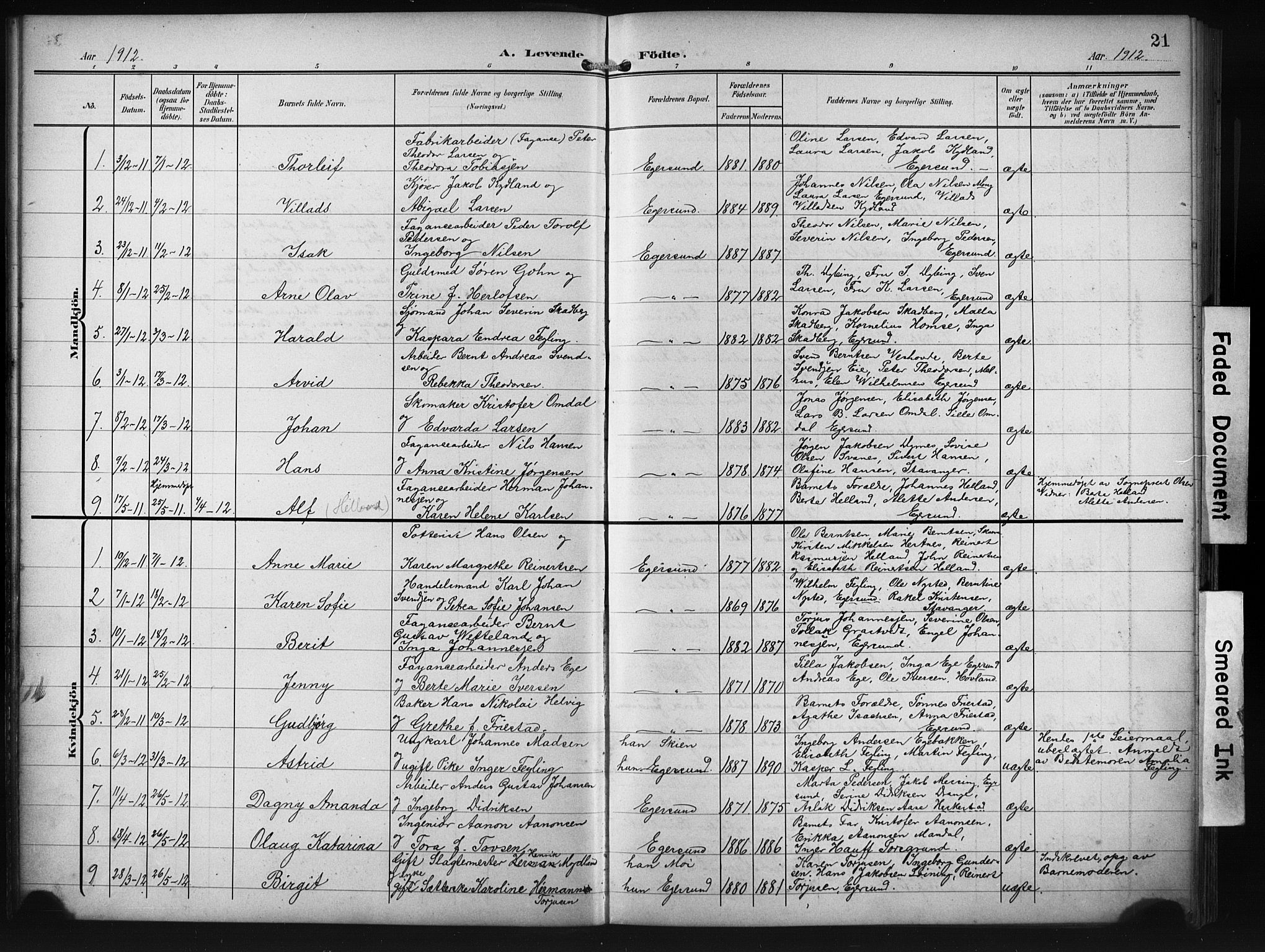 Eigersund sokneprestkontor, SAST/A-101807/S09/L0012: Parish register (copy) no. B 12, 1908-1930, p. 21
