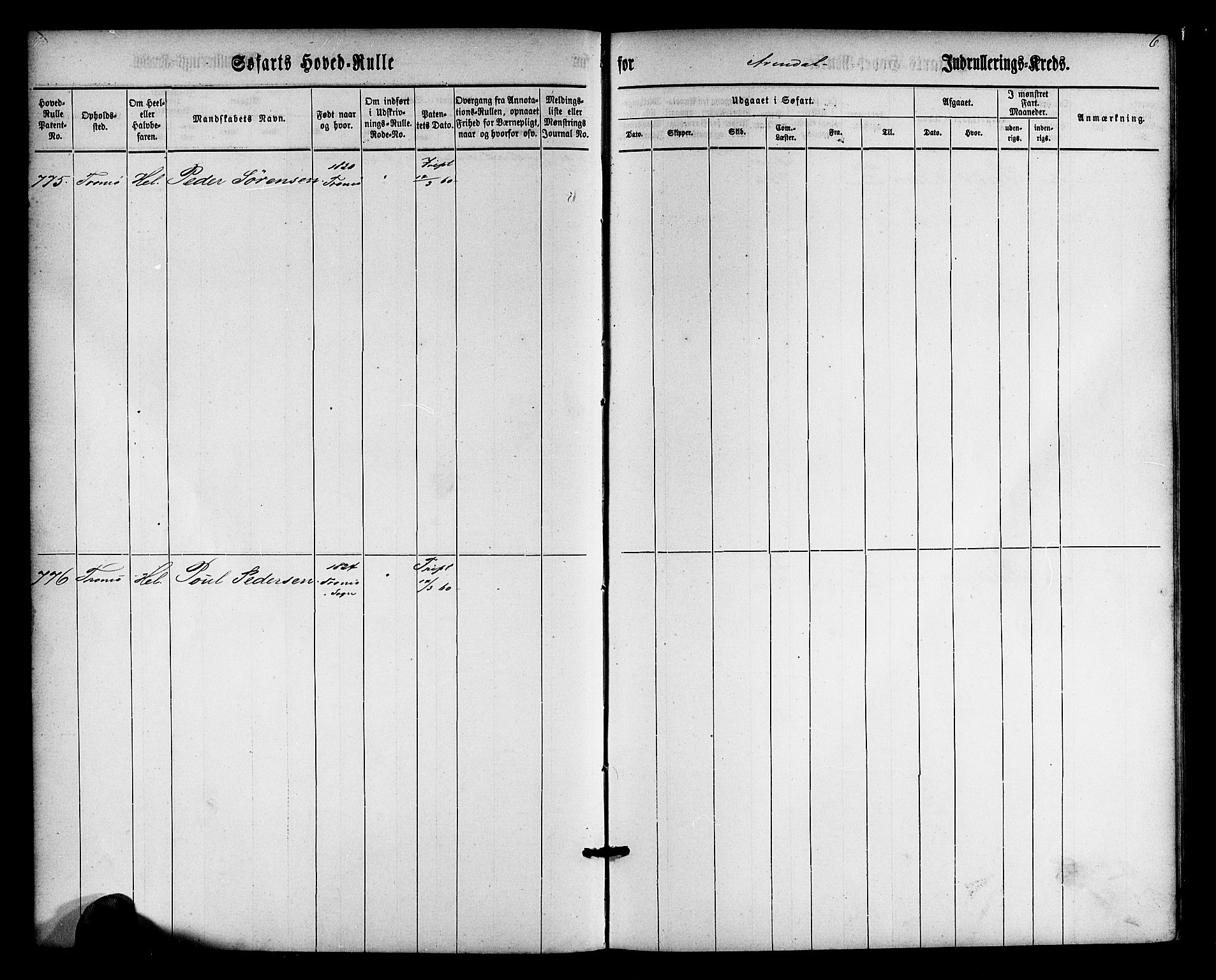 Arendal mønstringskrets, SAK/2031-0012/F/Fb/L0009: Hovedrulle nr 767-1532, S-7, 1857-1864, p. 6