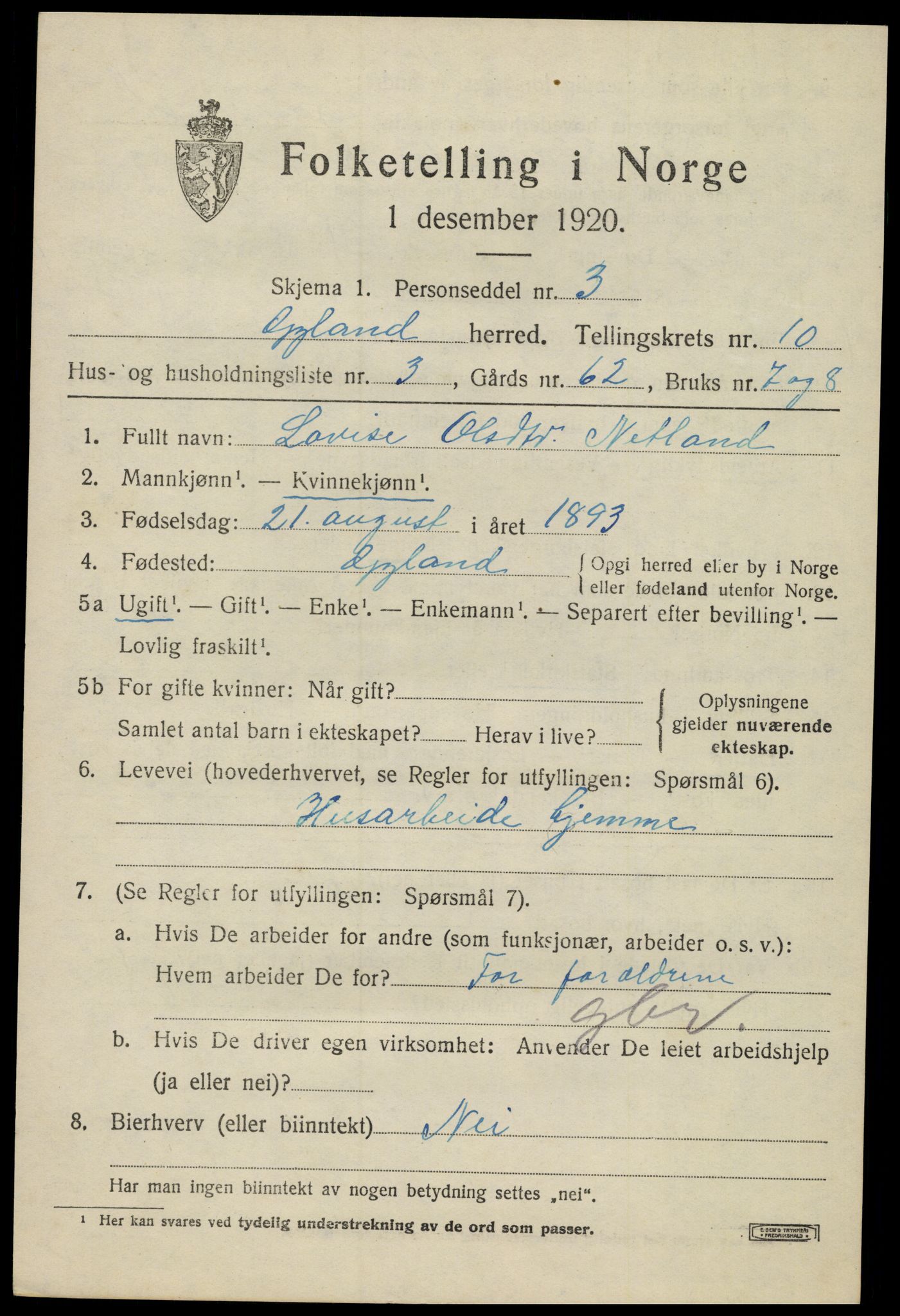 SAK, 1920 census for Gyland, 1920, p. 2198
