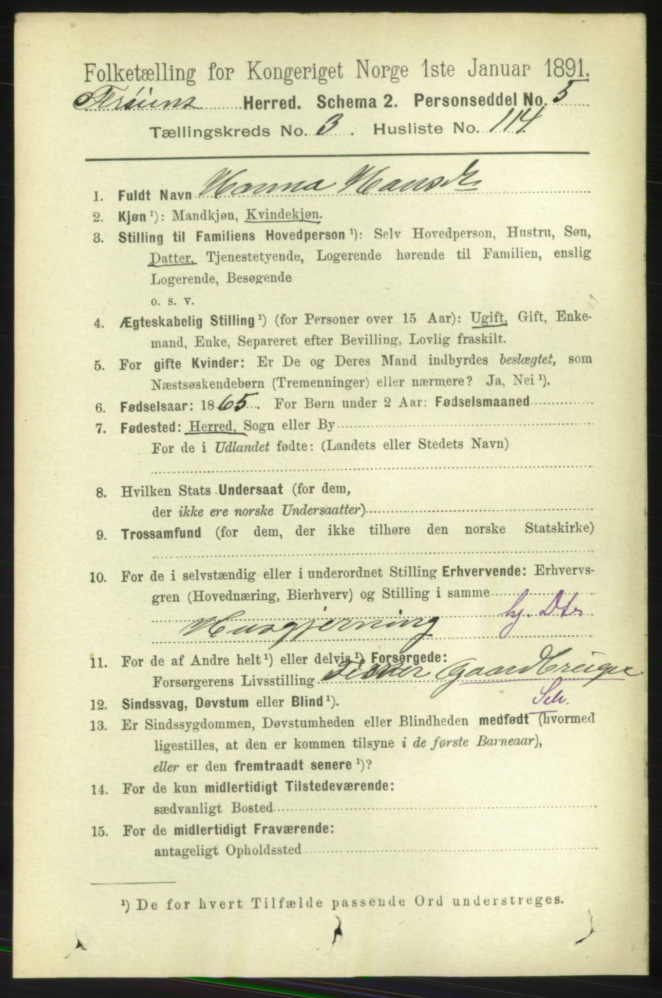 RA, 1891 census for 1619 Frøya, 1891, p. 2715