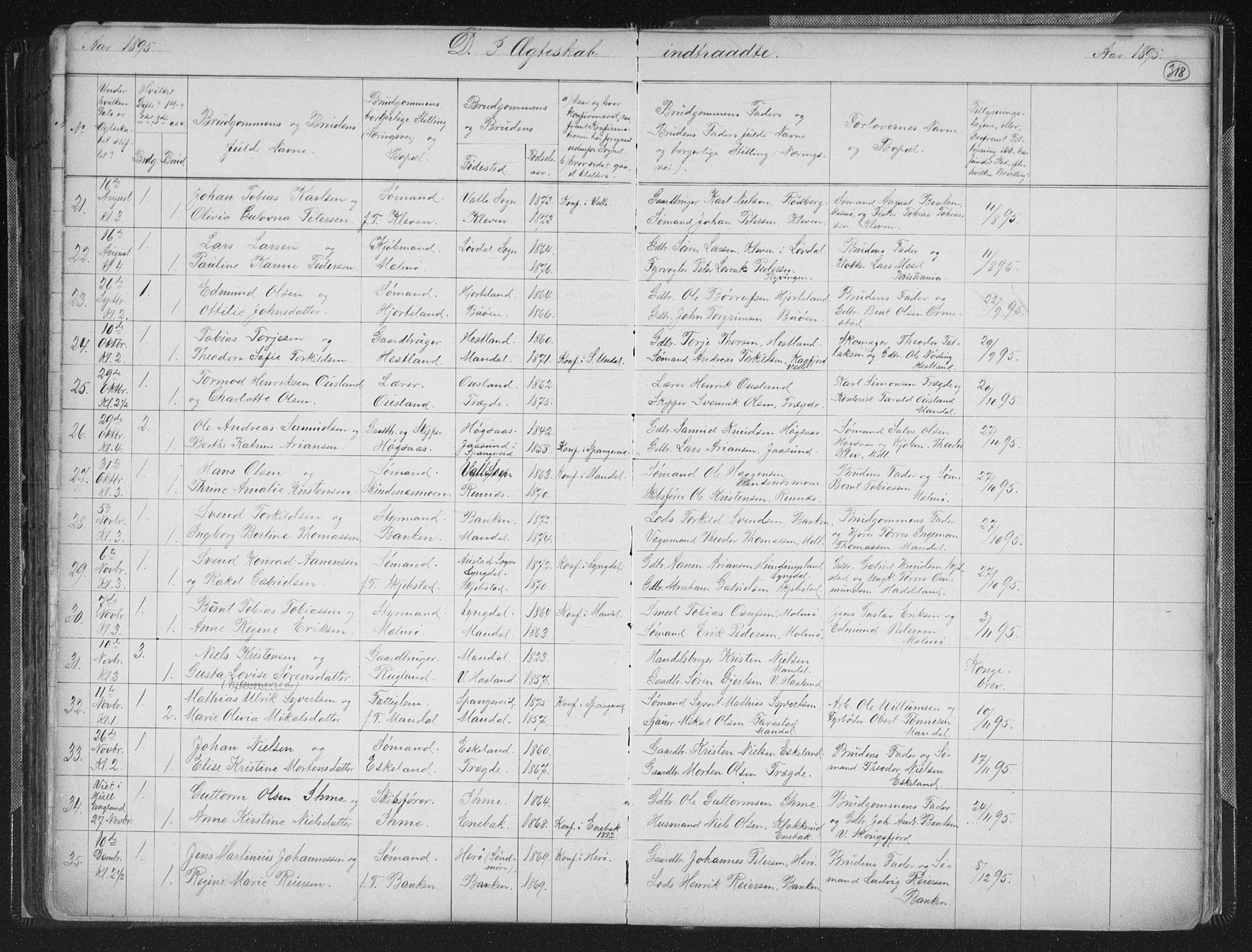 Mandal sokneprestkontor, SAK/1111-0030/F/Fb/Fba/L0011: Parish register (copy) no. B 5, 1880-1898, p. 318