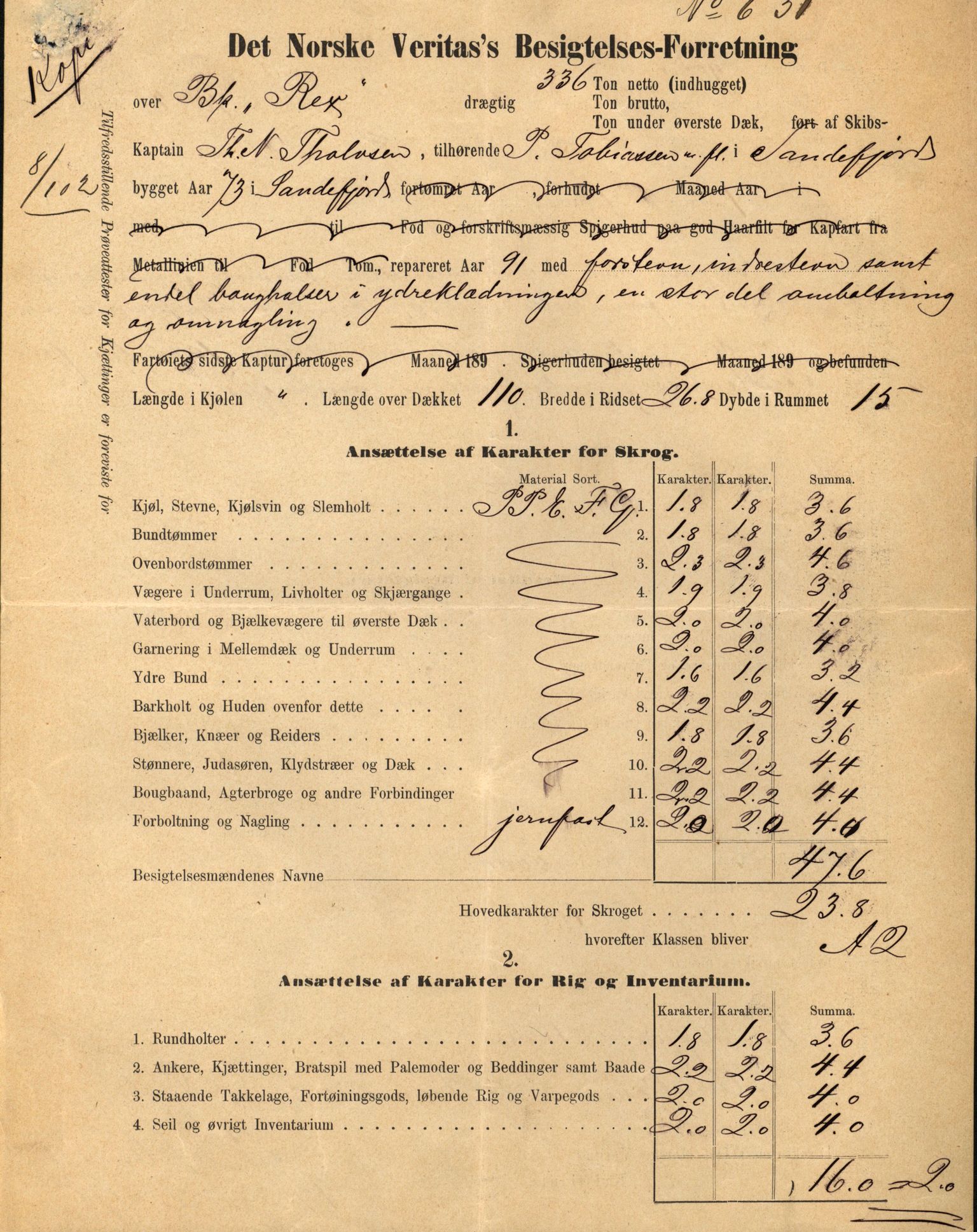 Pa 63 - Østlandske skibsassuranceforening, VEMU/A-1079/G/Ga/L0030/0003: Havaridokumenter / Rex, Salus, Schweigaard, Seladon, Titania, Tordenskjold av Trondhjem, 1893, p. 14