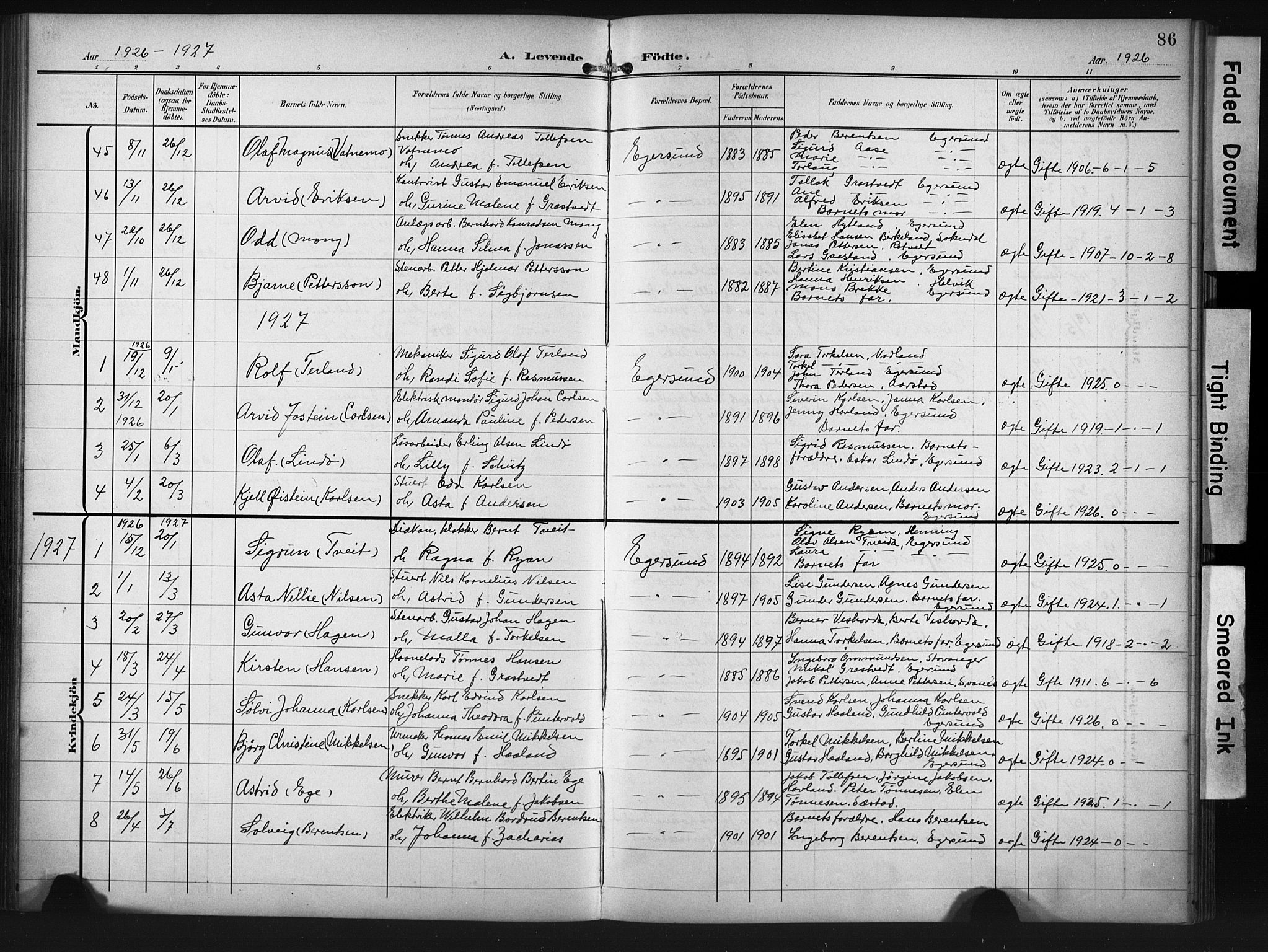 Eigersund sokneprestkontor, SAST/A-101807/S09/L0012: Parish register (copy) no. B 12, 1908-1930, p. 86