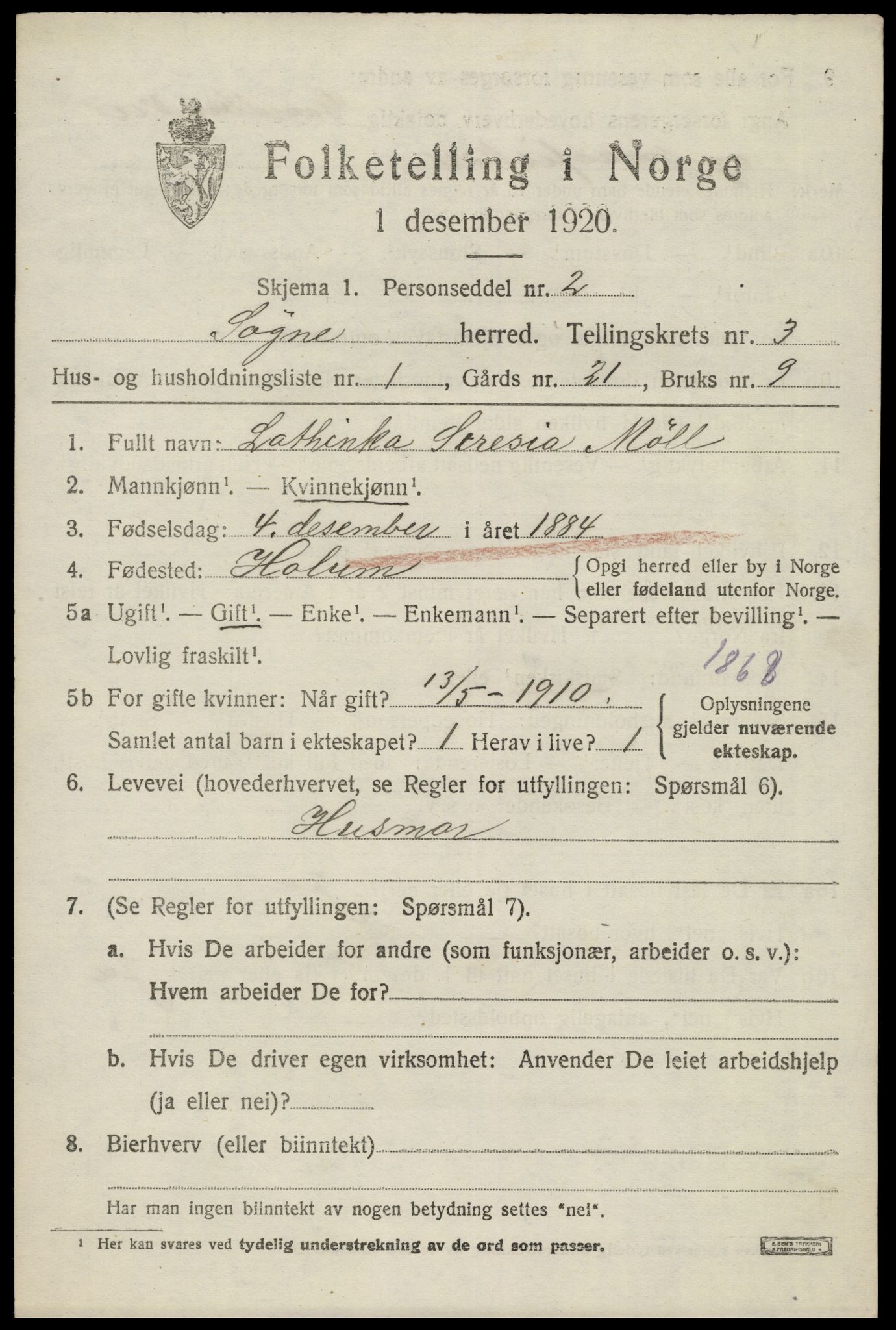 SAK, 1920 census for Søgne, 1920, p. 1643