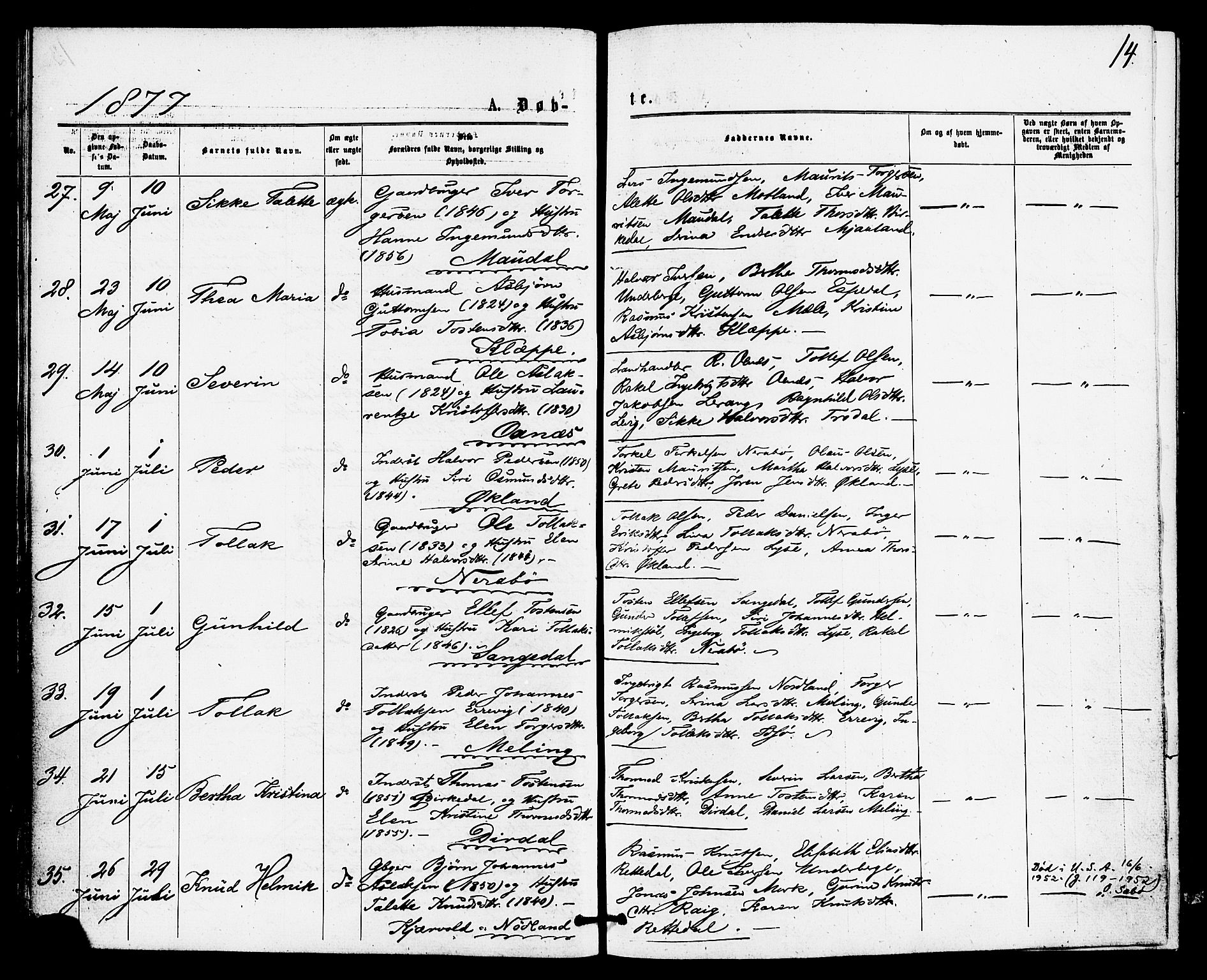 Høgsfjord sokneprestkontor, AV/SAST-A-101624/H/Ha/Haa/L0004: Parish register (official) no. A 4, 1876-1884, p. 14