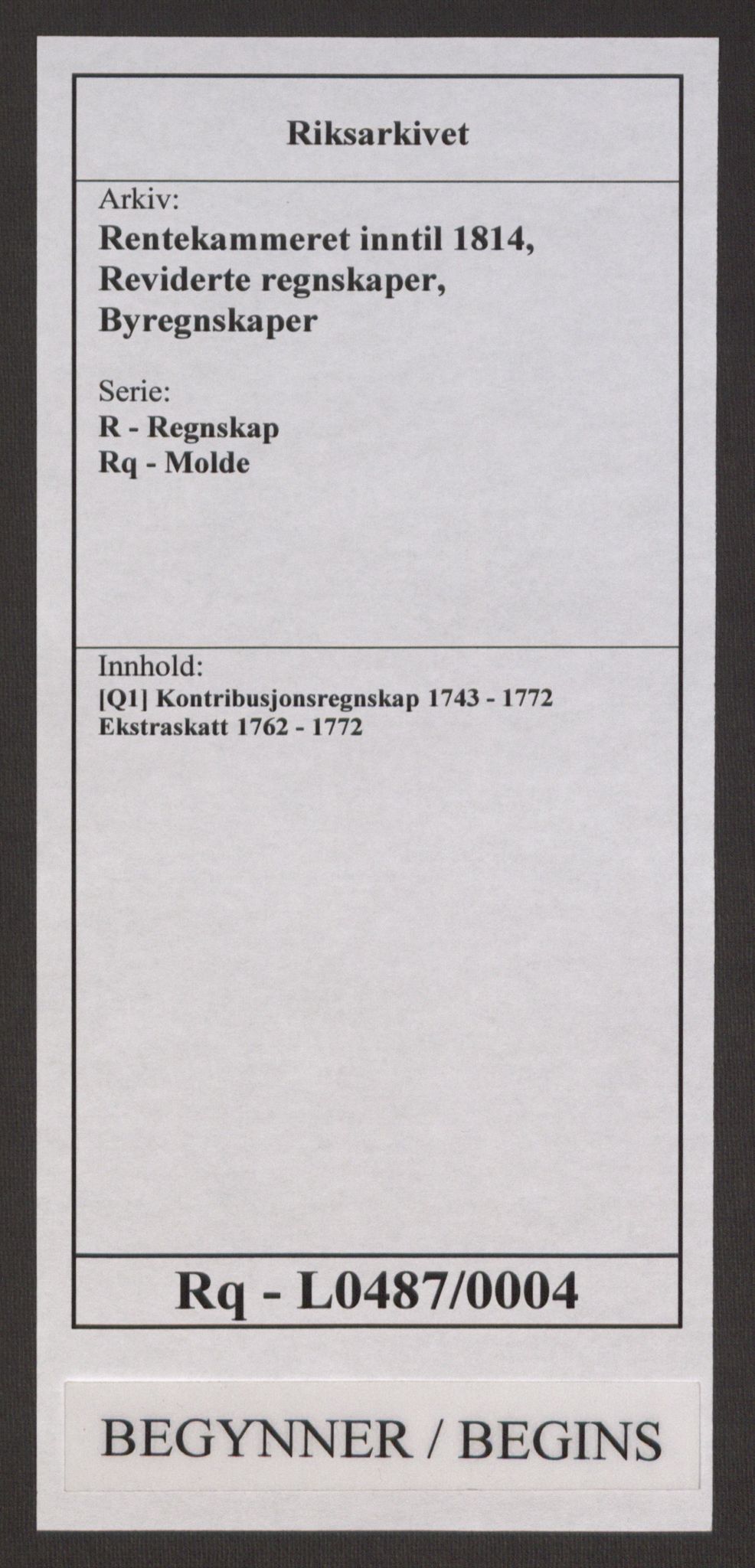 Rentekammeret inntil 1814, Reviderte regnskaper, Byregnskaper, RA/EA-4066/R/Rq/L0487/0004: [Q1] Kontribusjonsregnskap / Ekstraskatt, 1762-1772, p. 1