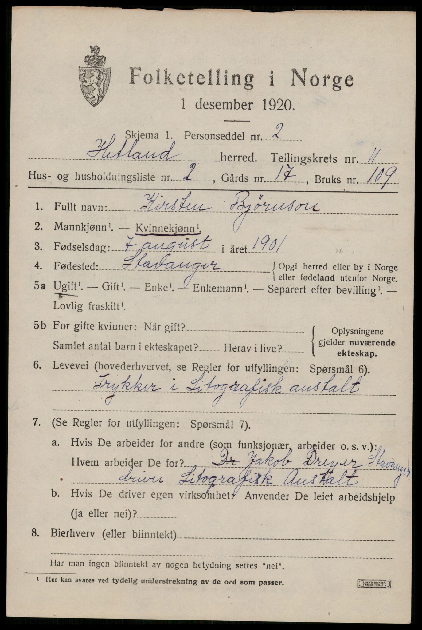 SAST, 1920 census for Hetland, 1920, p. 19947