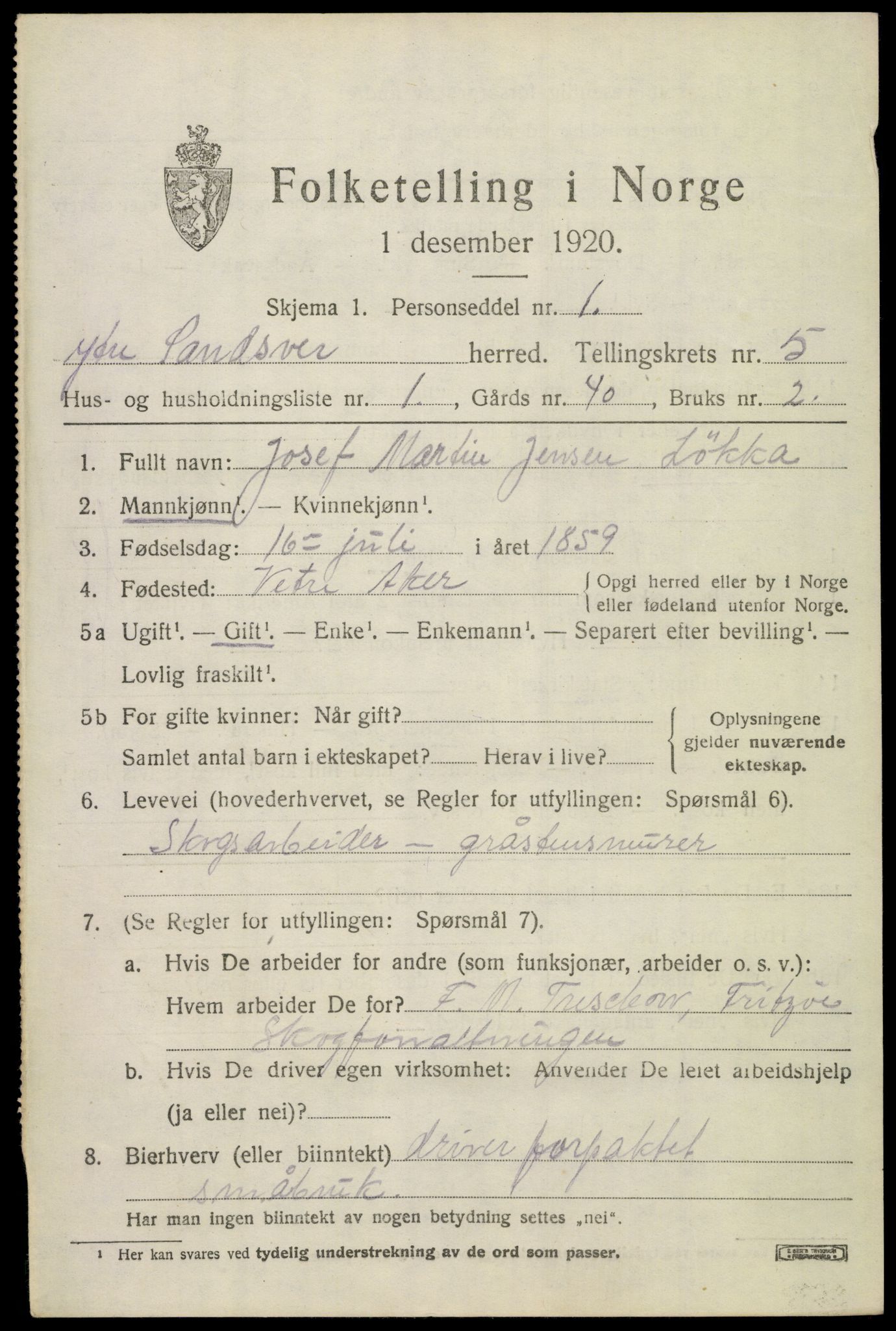 SAKO, 1920 census for Ytre Sandsvær, 1920, p. 4530