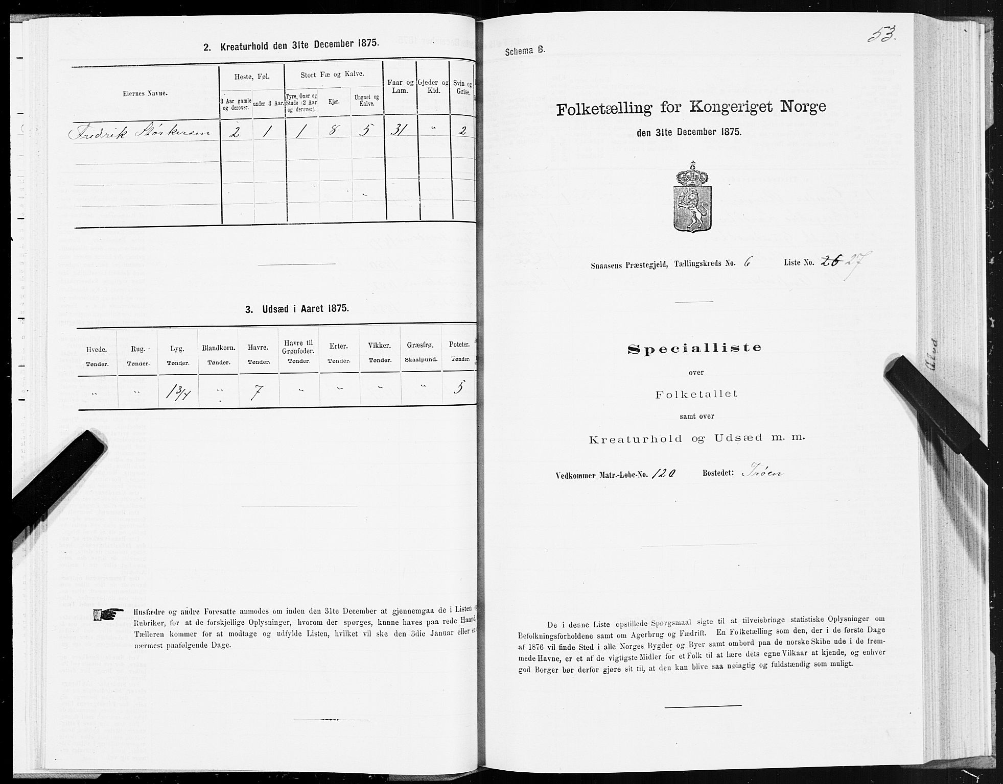 SAT, 1875 census for 1736P Snåsa, 1875, p. 3053