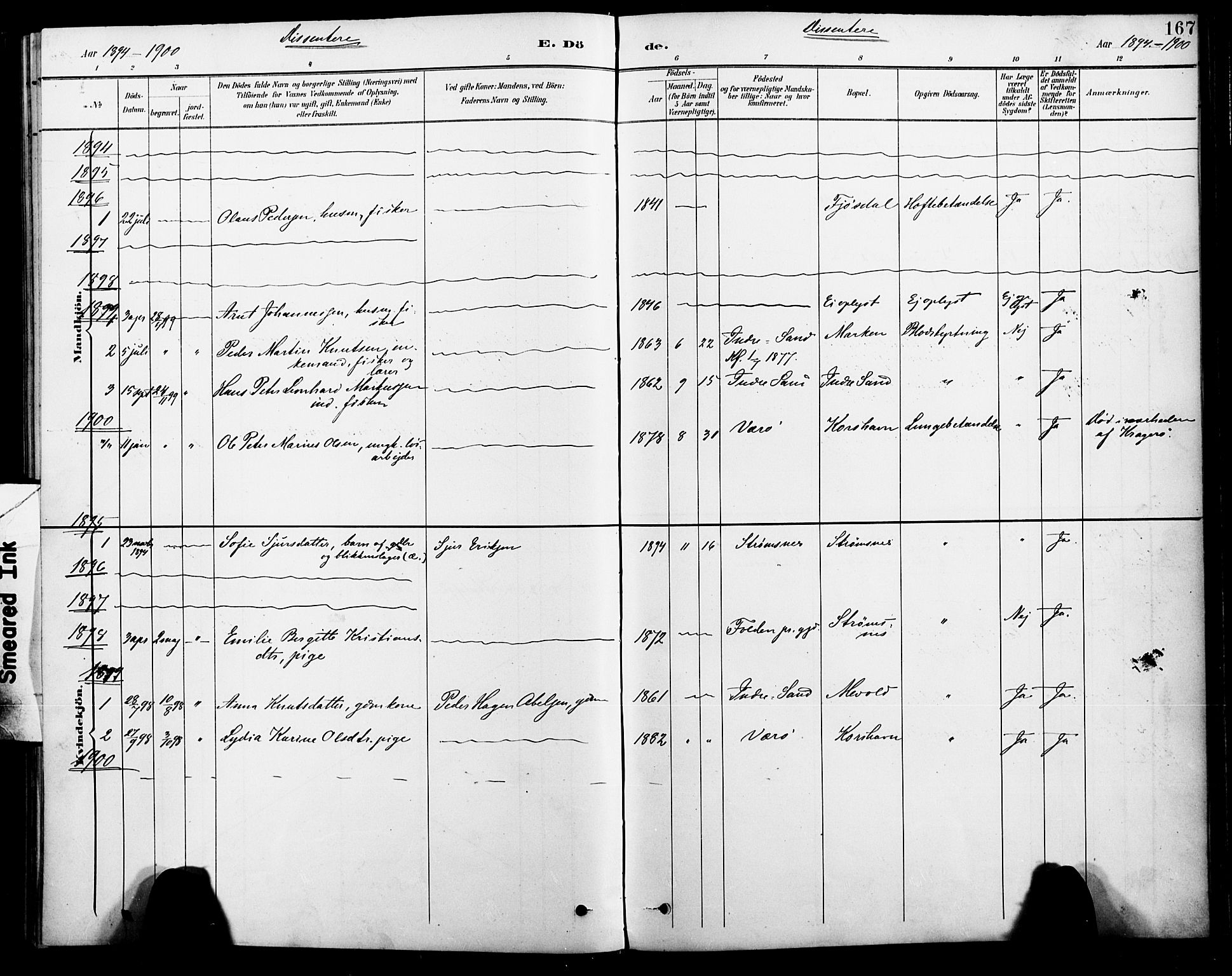 Ministerialprotokoller, klokkerbøker og fødselsregistre - Nordland, AV/SAT-A-1459/885/L1205: Parish register (official) no. 885A06, 1892-1905, p. 167