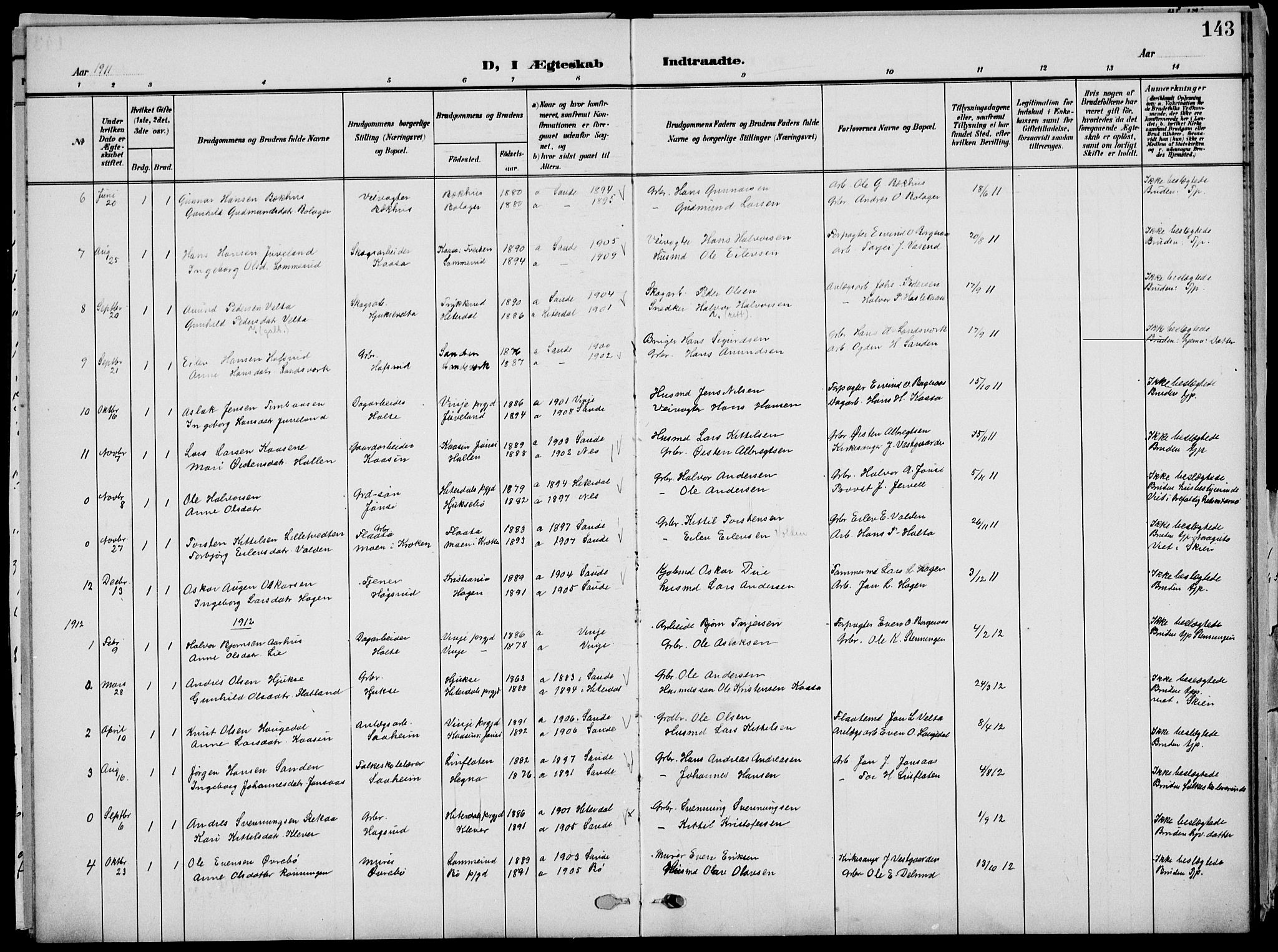 Sauherad kirkebøker, SAKO/A-298/G/Ga/L0004a: Parish register (copy) no. I 4a, 1906-1934, p. 143