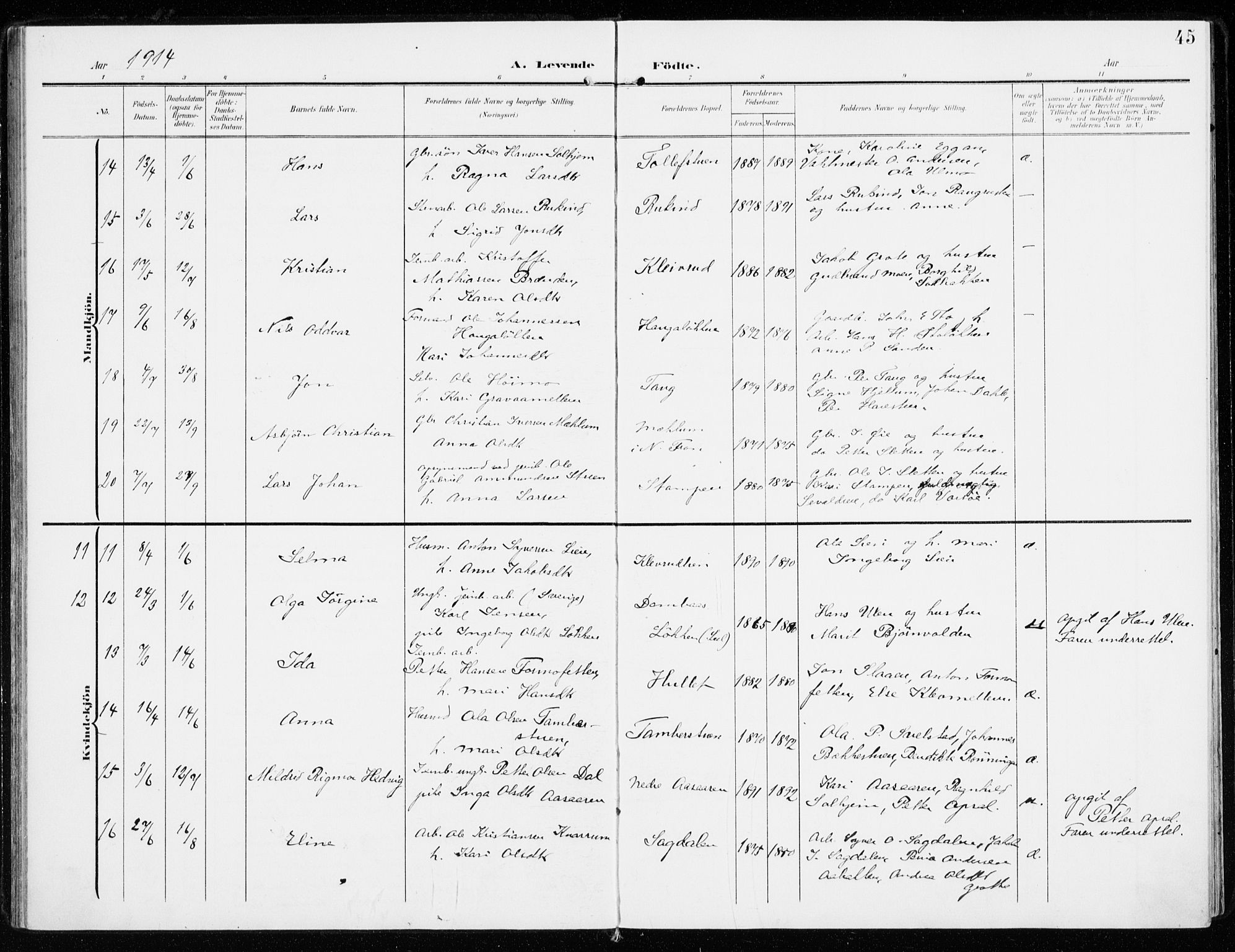 Sel prestekontor, SAH/PREST-074/H/Ha/Haa/L0002: Parish register (official) no. 2, 1905-1919, p. 45