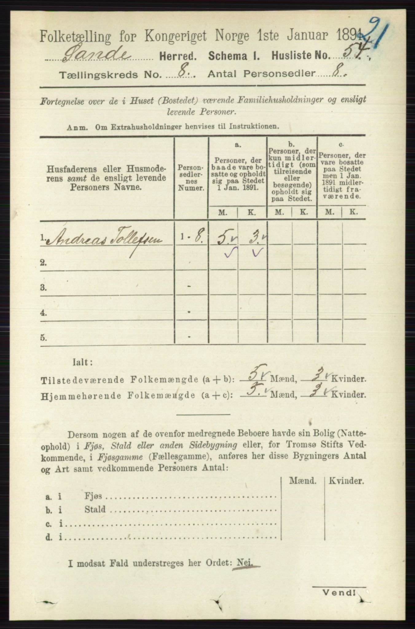 RA, 1891 census for 0713 Sande, 1891, p. 3519