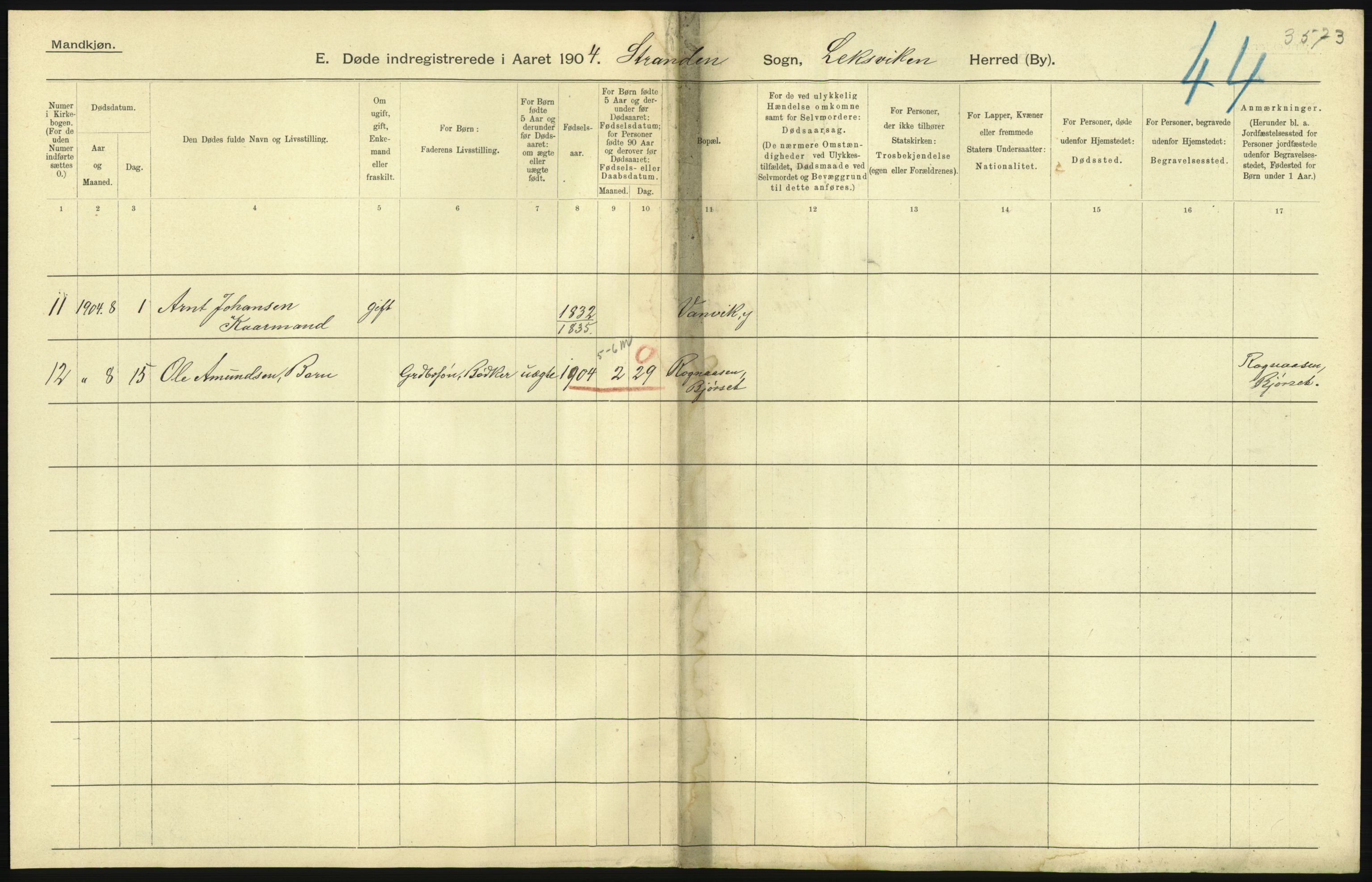 Statistisk sentralbyrå, Sosiodemografiske emner, Befolkning, AV/RA-S-2228/D/Df/Dfa/Dfab/L0019: Nordre Trondhjems amt: Fødte, gifte, døde, 1904, p. 459