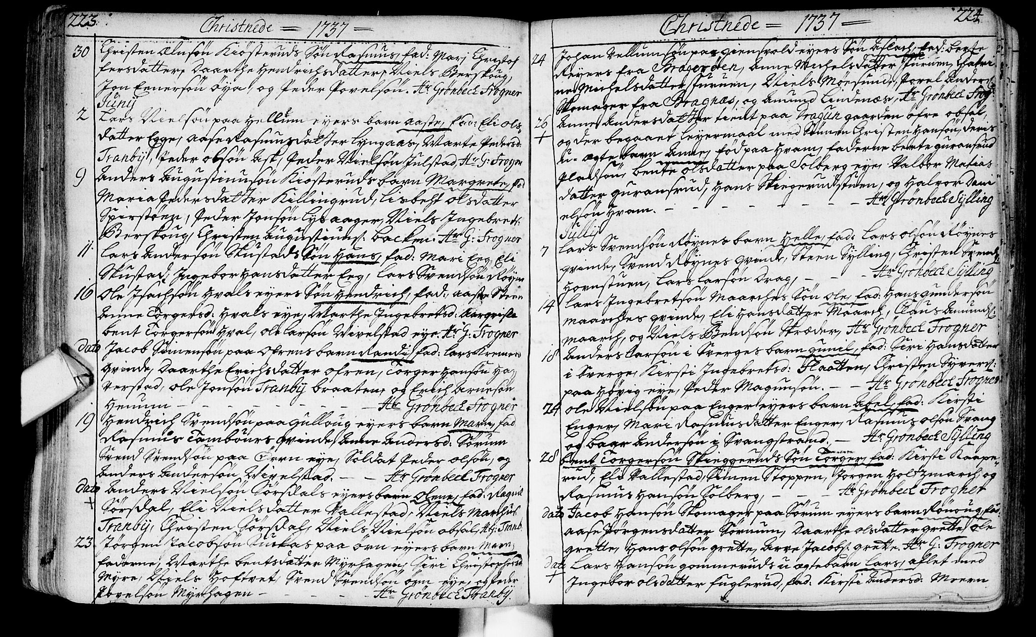 Lier kirkebøker, AV/SAKO-A-230/F/Fa/L0003: Parish register (official) no. I 3, 1727-1748, p. 223-224