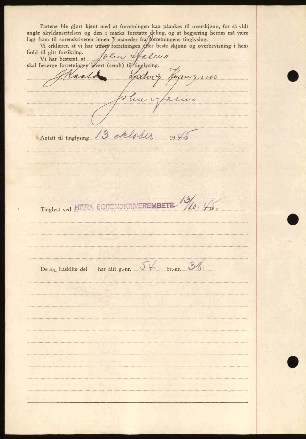 Hitra sorenskriveri, AV/SAT-A-0018/2/2C/2Ca: Mortgage book no. A2, 1943-1945, Diary no: : 530/1945