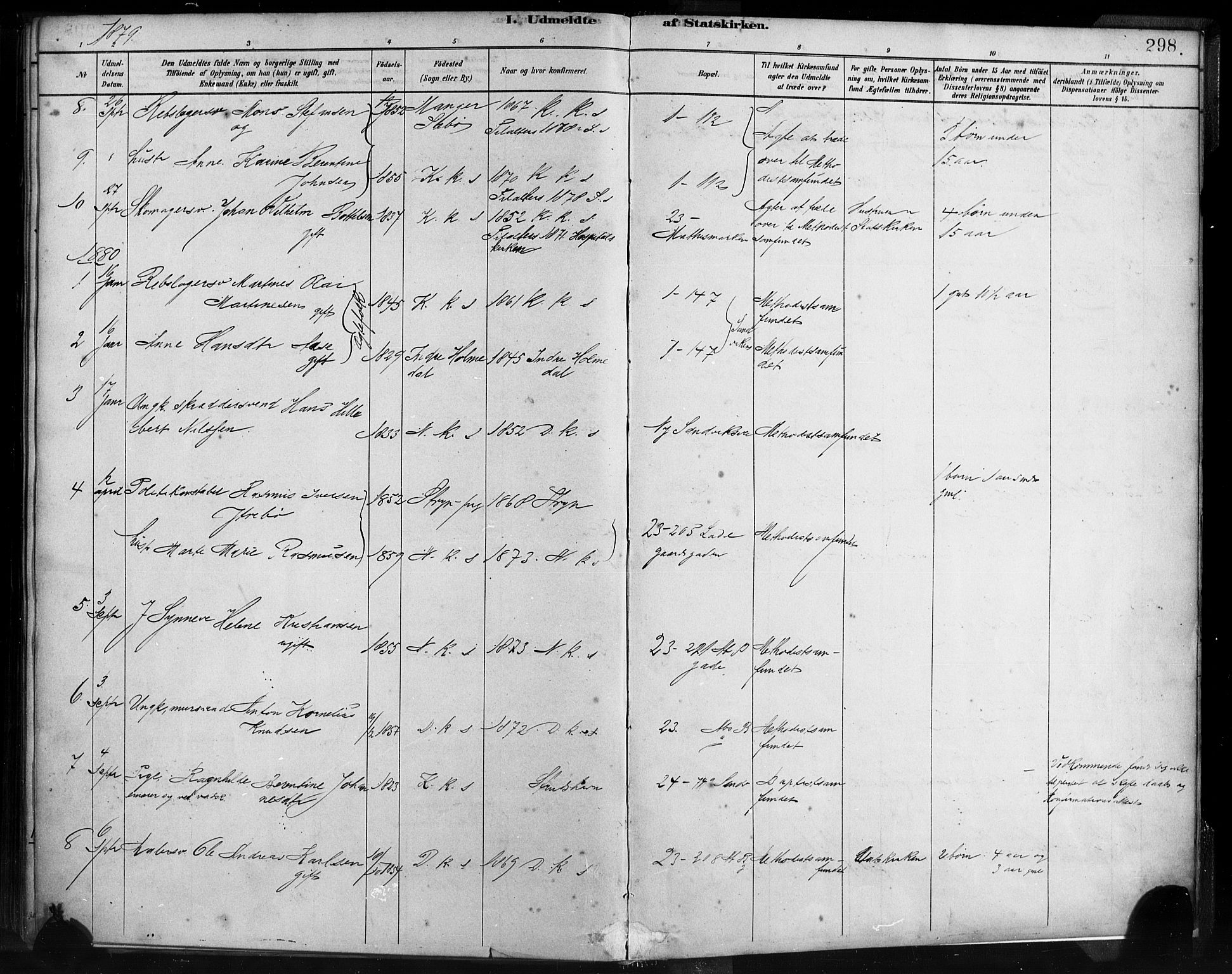 Sandviken Sokneprestembete, AV/SAB-A-77601/H/Ha/L0004: Parish register (official) no. B 1, 1878-1891, p. 298