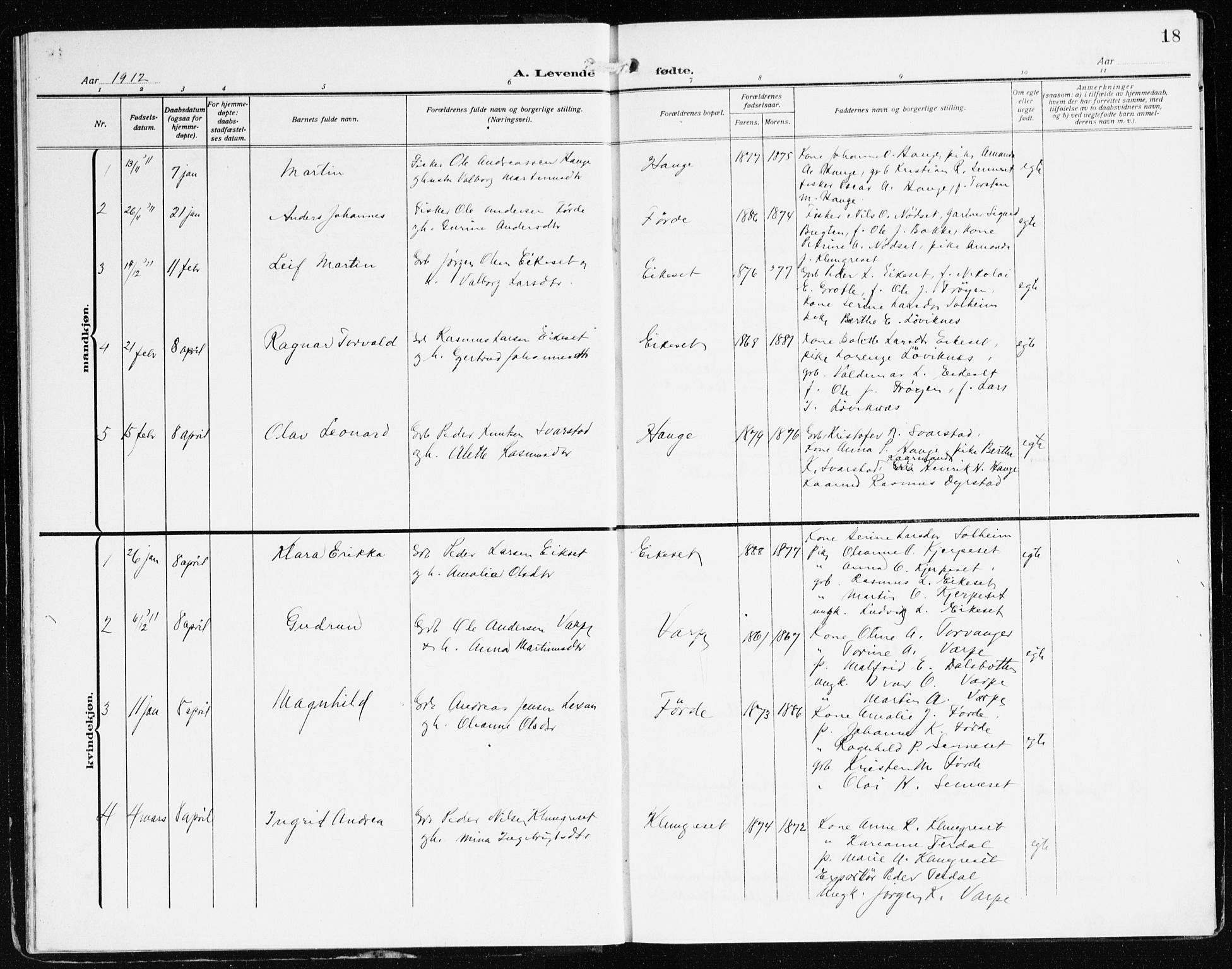 Bremanger sokneprestembete, AV/SAB-A-82201/H/Haa/Haac/L0001: Parish register (official) no. C 1, 1908-1921, p. 18