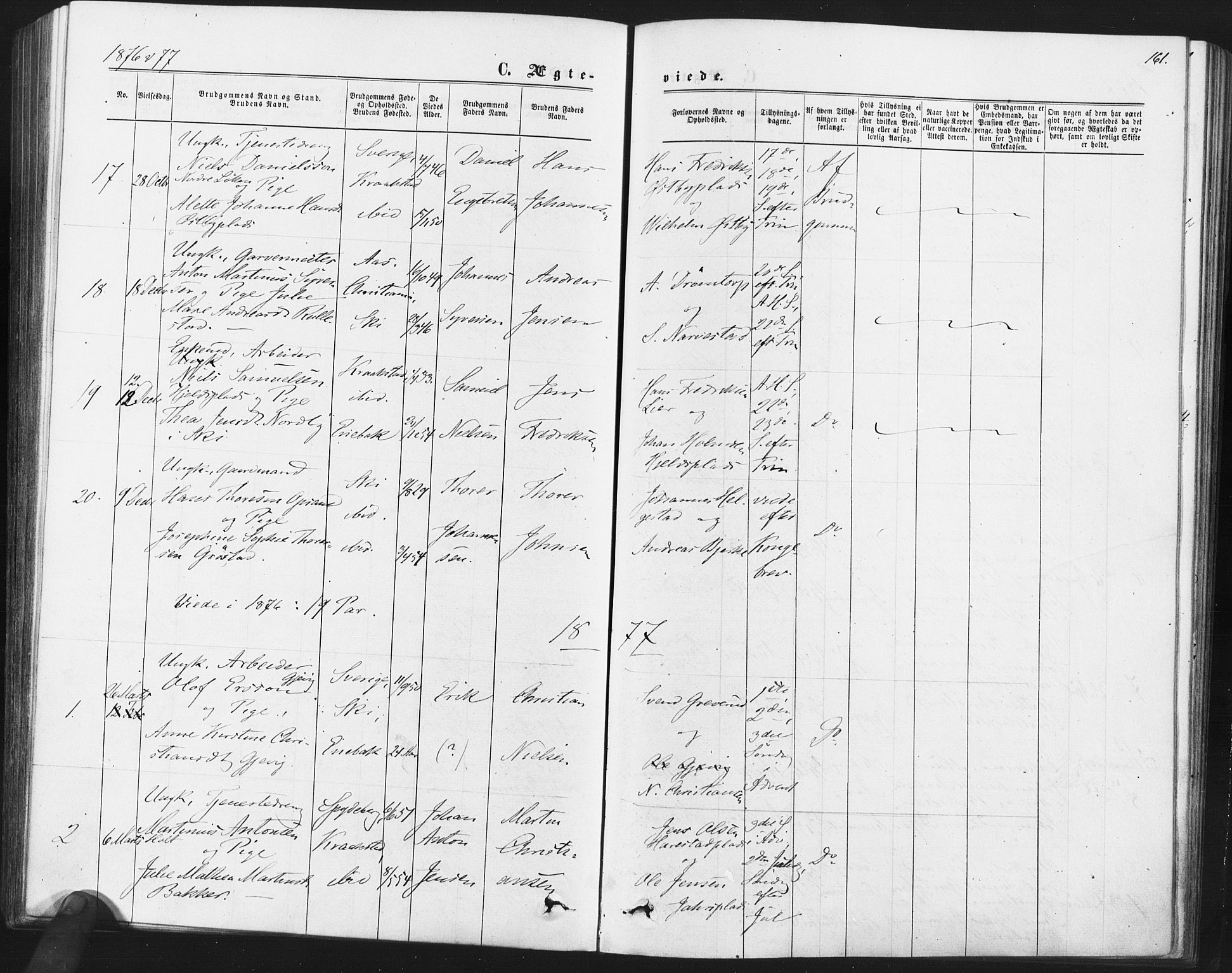 Kråkstad prestekontor Kirkebøker, SAO/A-10125a/F/Fa/L0008: Parish register (official) no. I 8, 1870-1879, p. 161