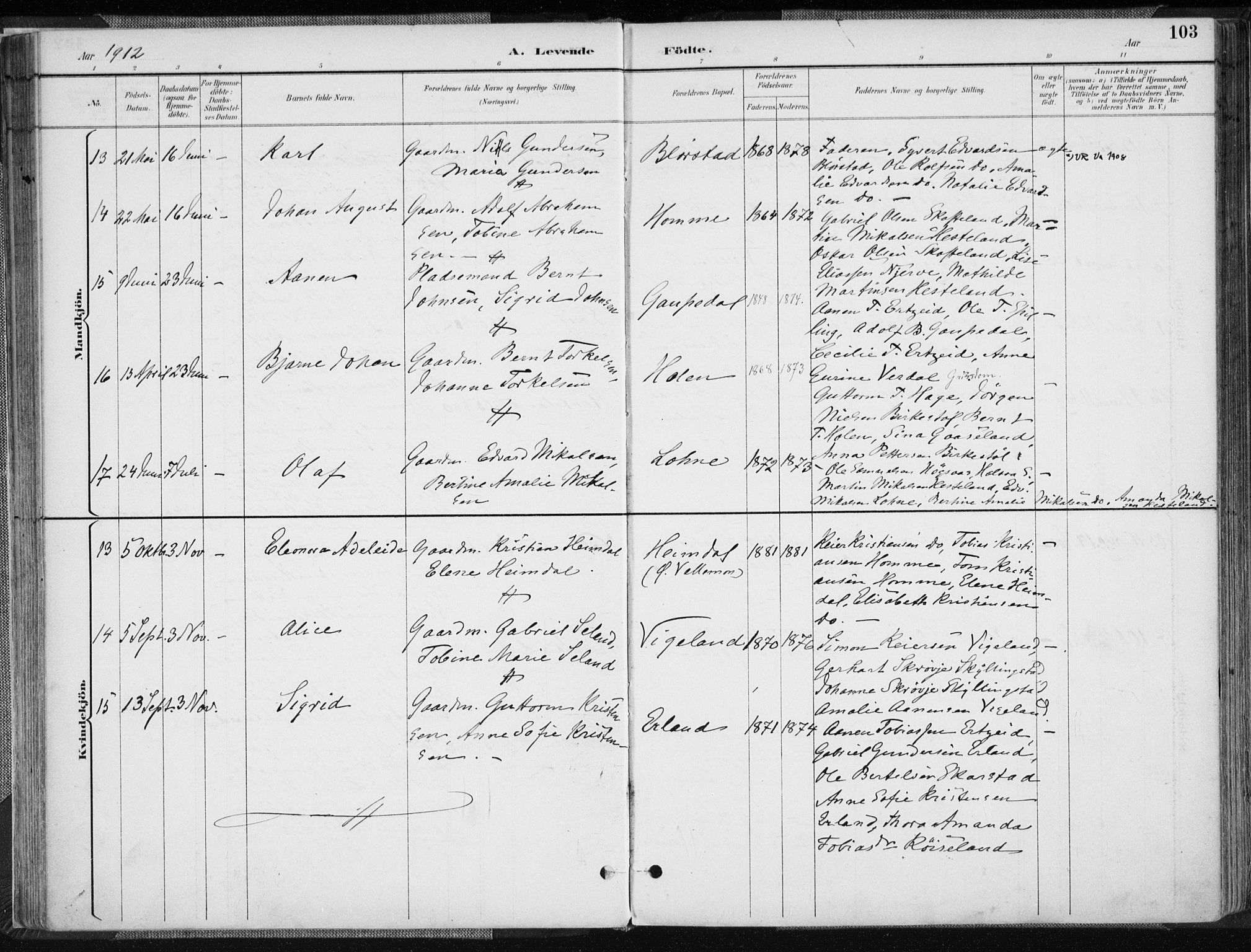 Sør-Audnedal sokneprestkontor, AV/SAK-1111-0039/F/Fa/Fab/L0010: Parish register (official) no. A 10, 1892-1913, p. 103