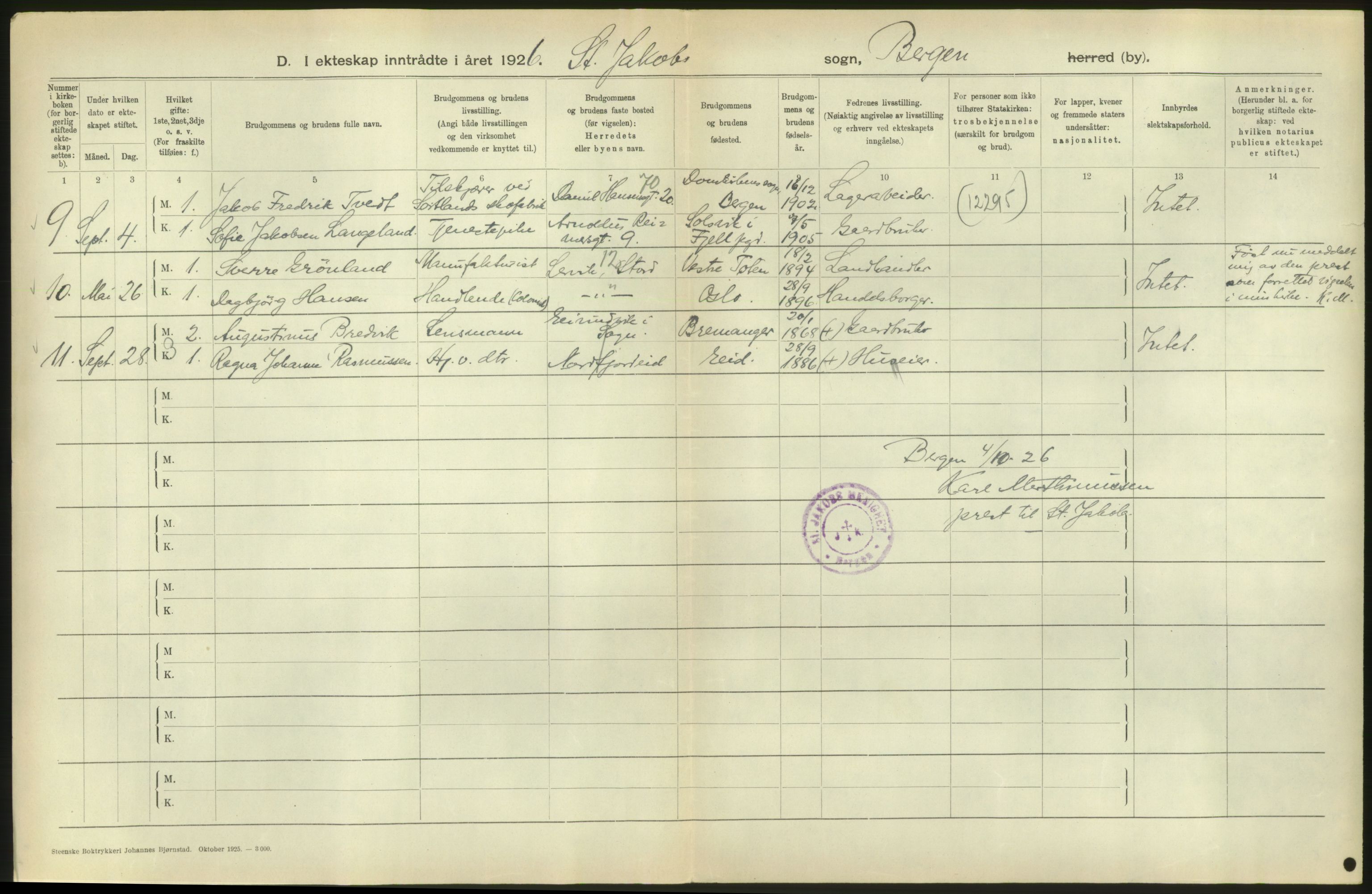 Statistisk sentralbyrå, Sosiodemografiske emner, Befolkning, RA/S-2228/D/Df/Dfc/Dfcf/L0028: Bergen: Gifte, døde, dødfødte., 1926, p. 34