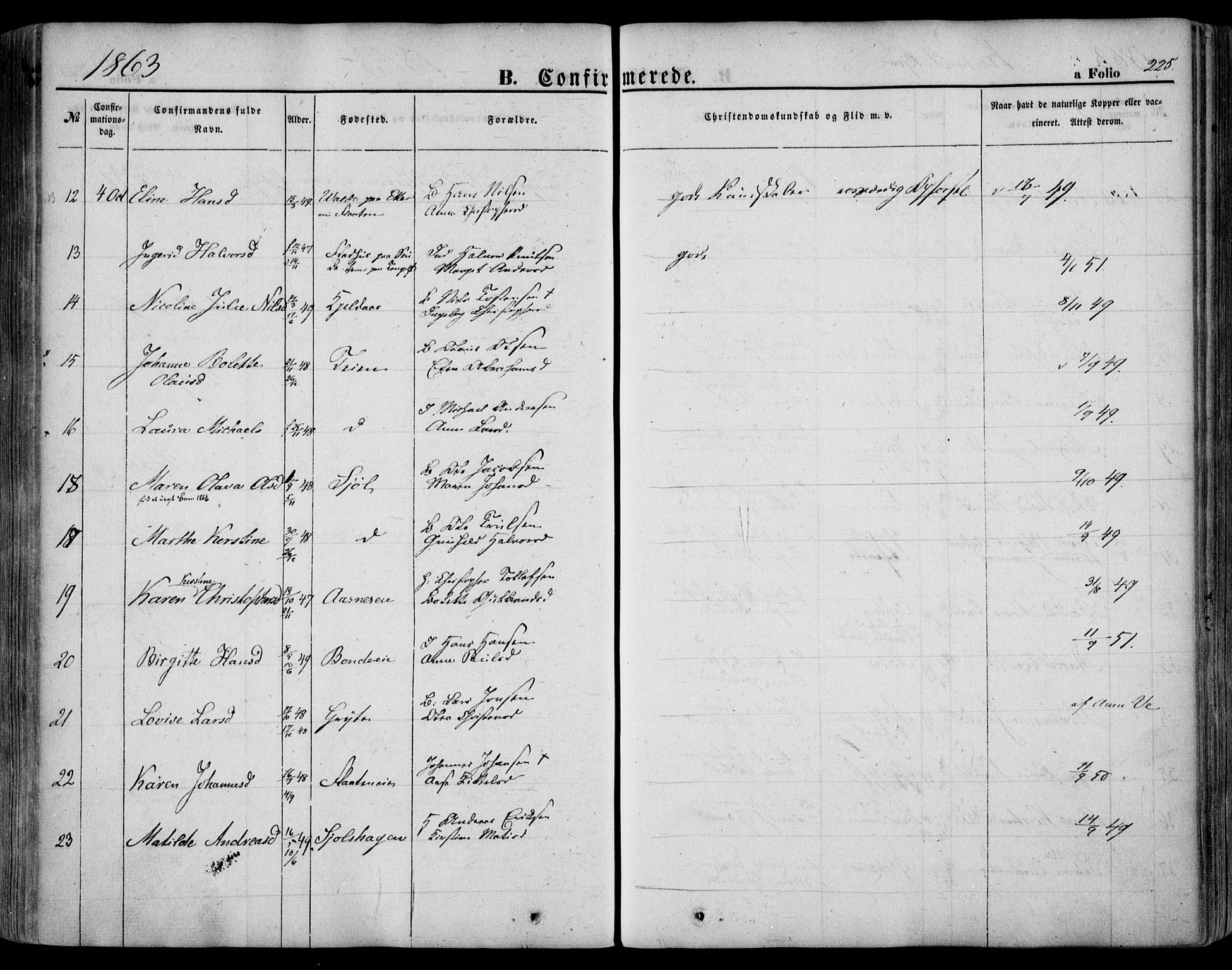 Sande Kirkebøker, SAKO/A-53/F/Fa/L0004: Parish register (official) no. 4, 1847-1864, p. 225