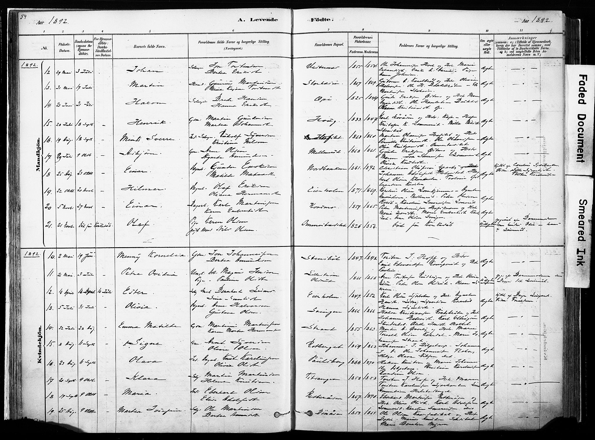 Hof prestekontor, AV/SAH-PREST-038/H/Ha/Haa/L0010: Parish register (official) no. 10, 1878-1909, p. 54