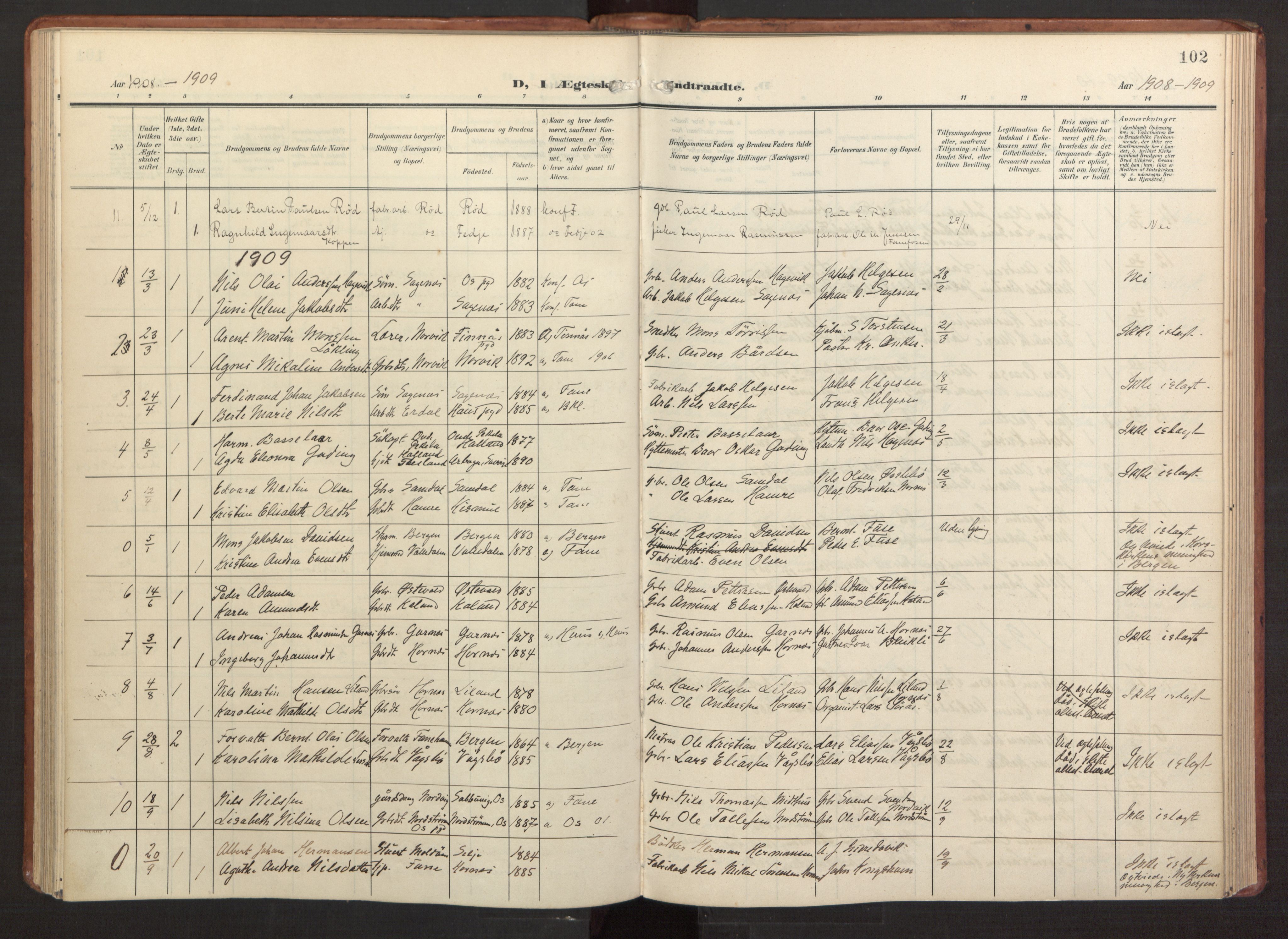 Fana Sokneprestembete, AV/SAB-A-75101/H/Haa/Haab/L0004: Parish register (official) no. B 4, 1908-1915, p. 102