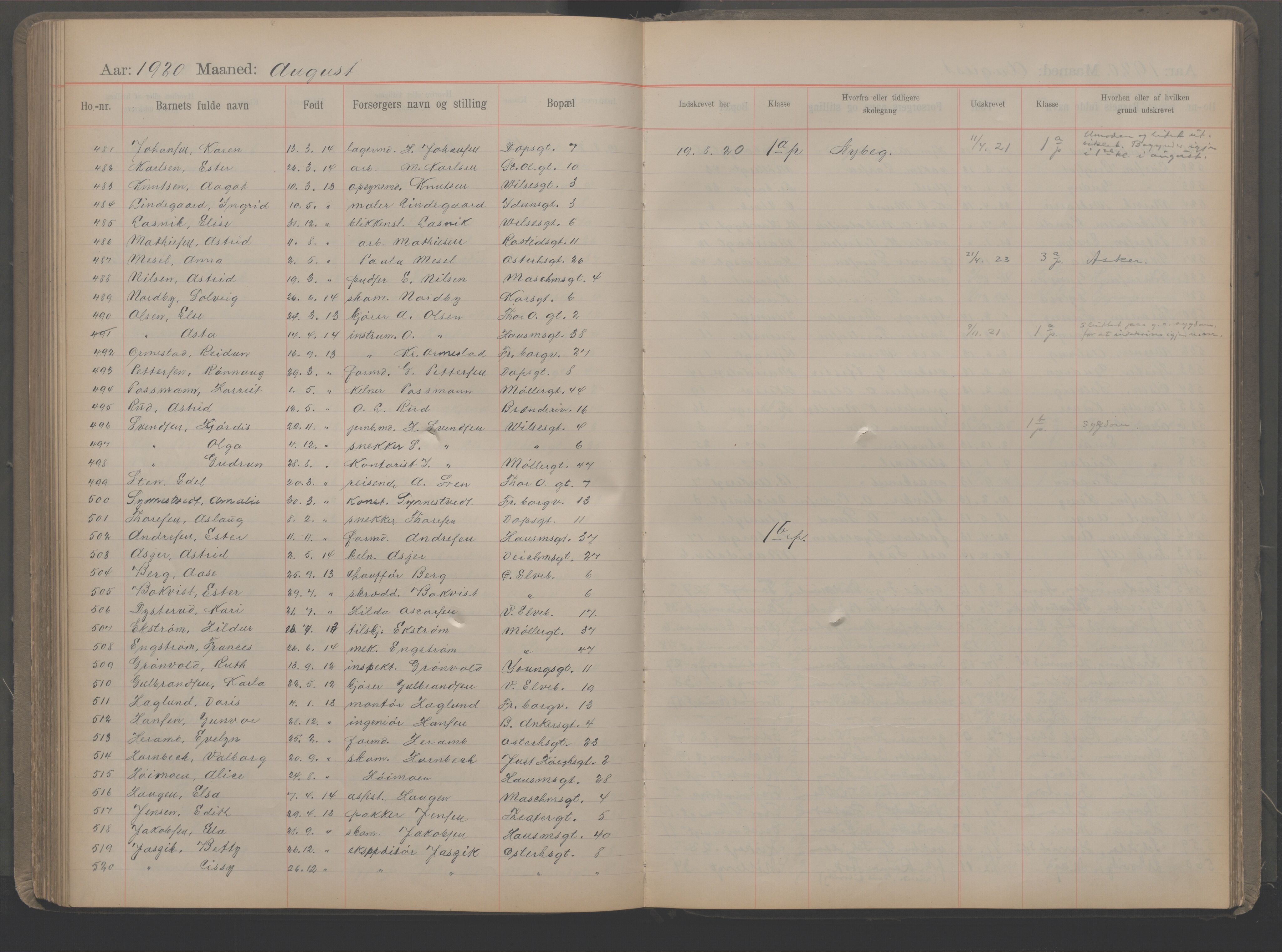 Møllergata skole, OBA/A-20129/F/Fa/L0002: Ut-/innskrivningsprotokoll, 1907-1932, p. 144