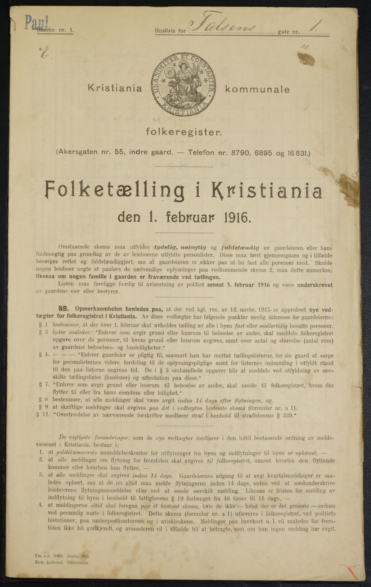 OBA, Municipal Census 1916 for Kristiania, 1916, p. 23630