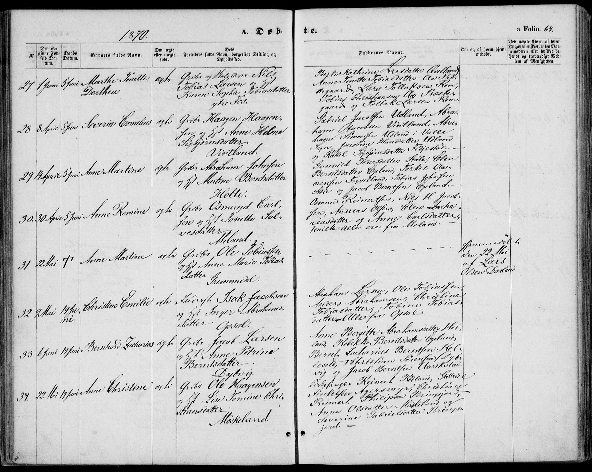 Lyngdal sokneprestkontor, AV/SAK-1111-0029/F/Fa/Fac/L0010: Parish register (official) no. A 10, 1865-1878, p. 64