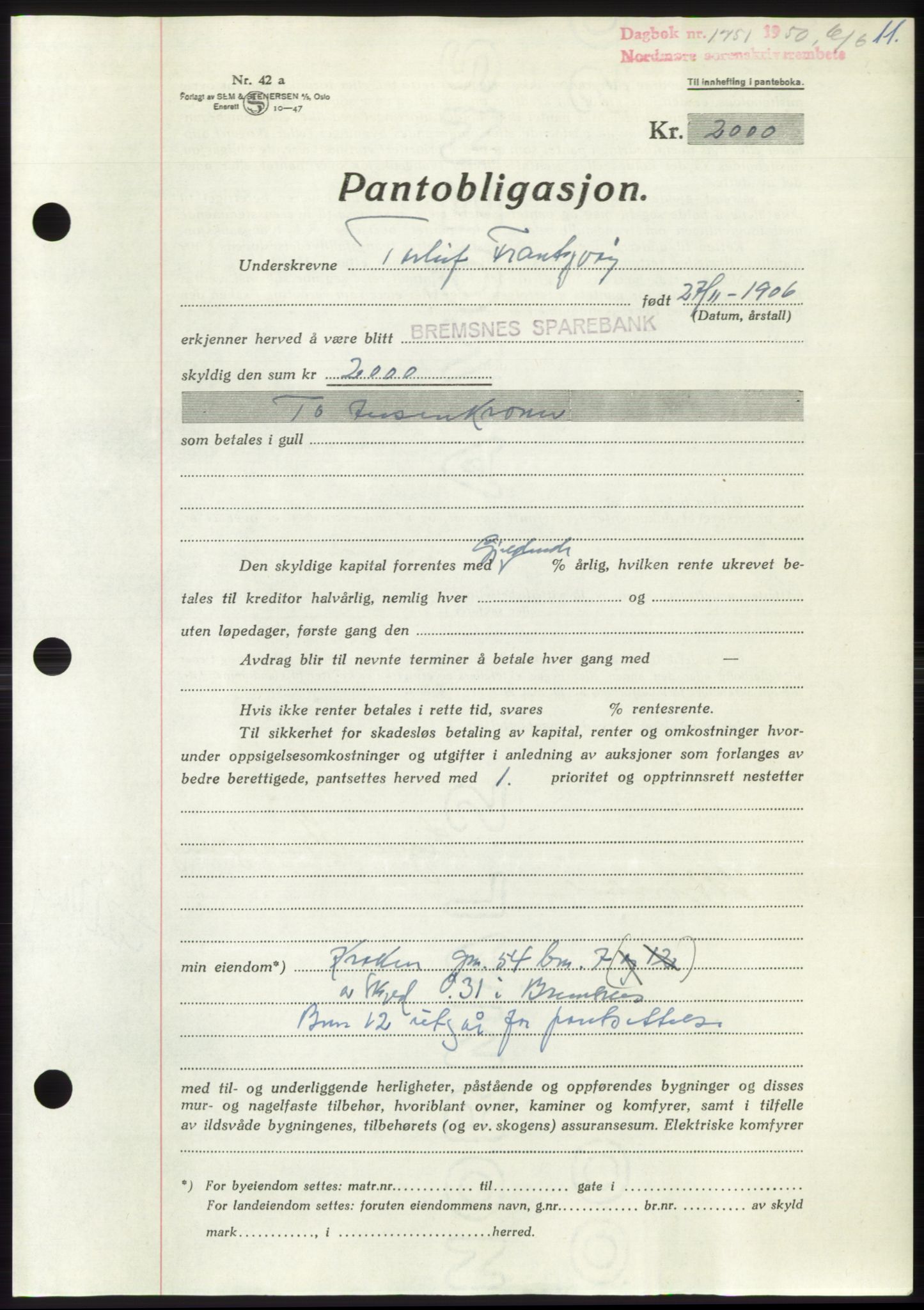 Nordmøre sorenskriveri, AV/SAT-A-4132/1/2/2Ca: Mortgage book no. B105, 1950-1950, Diary no: : 1751/1950