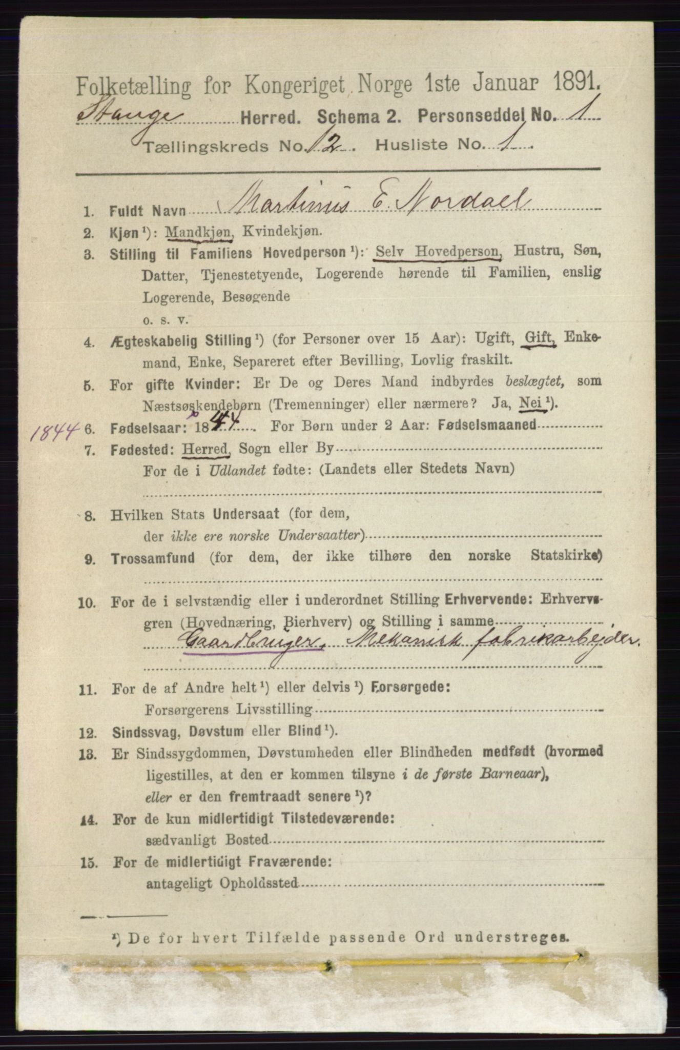 RA, 1891 census for 0417 Stange, 1891, p. 7992