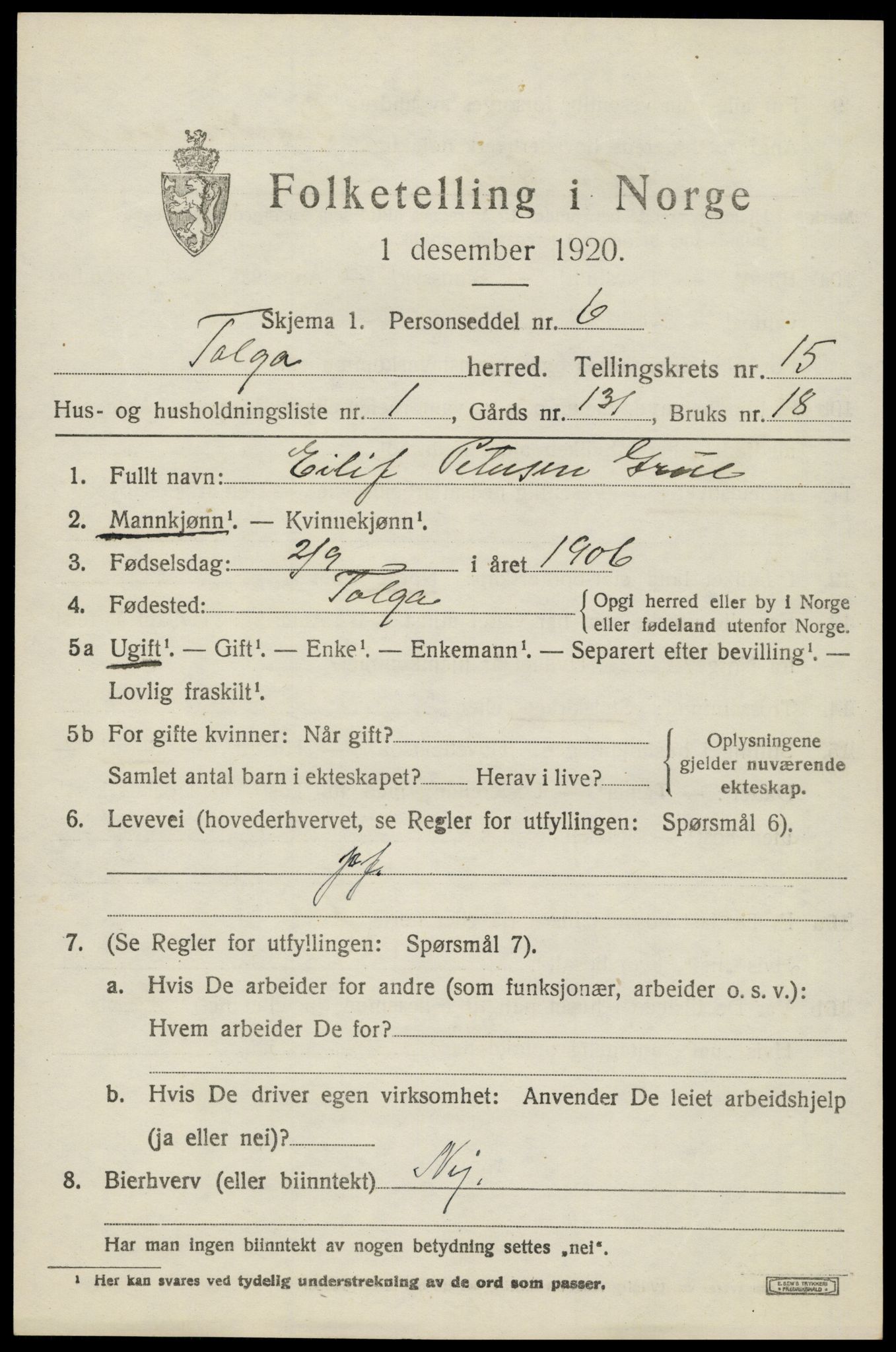 SAH, 1920 census for Tolga, 1920, p. 6881