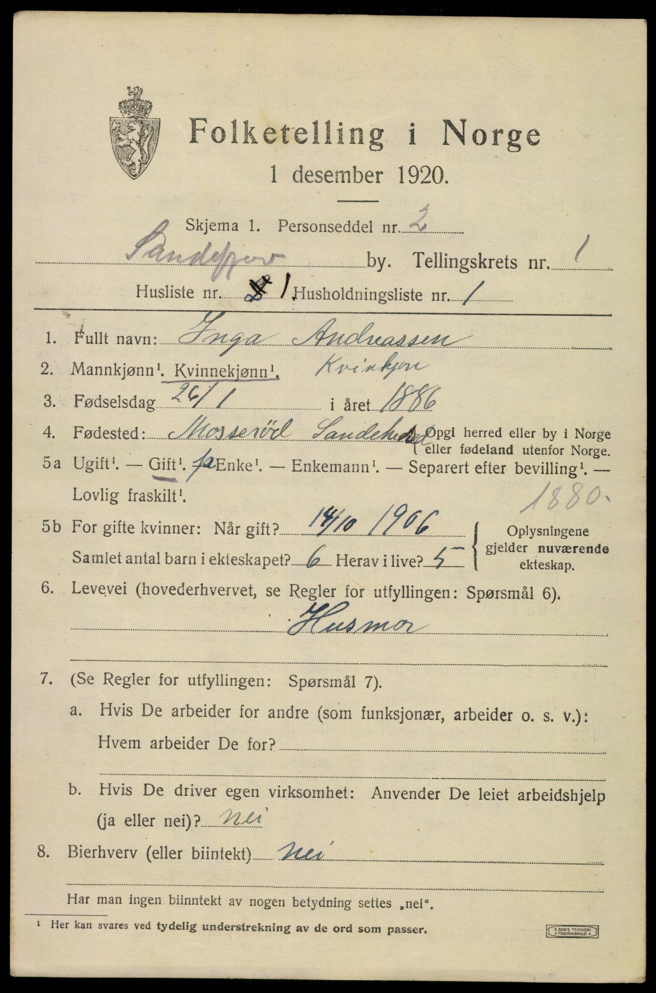 SAKO, 1920 census for Sandefjord, 1920, p. 4182