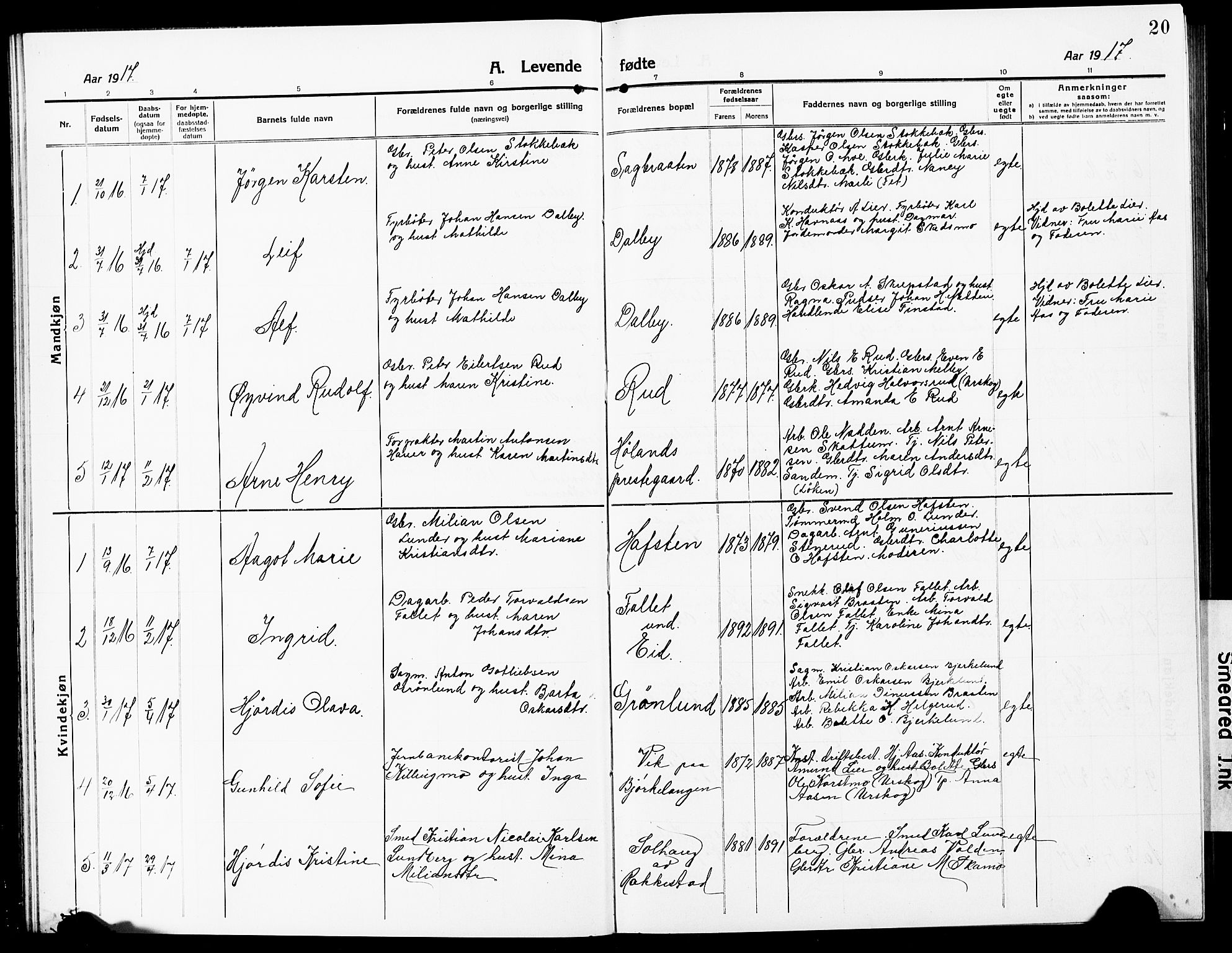 Høland prestekontor Kirkebøker, AV/SAO-A-10346a/G/Ga/L0008: Parish register (copy) no. I 8, 1915-1929, p. 20