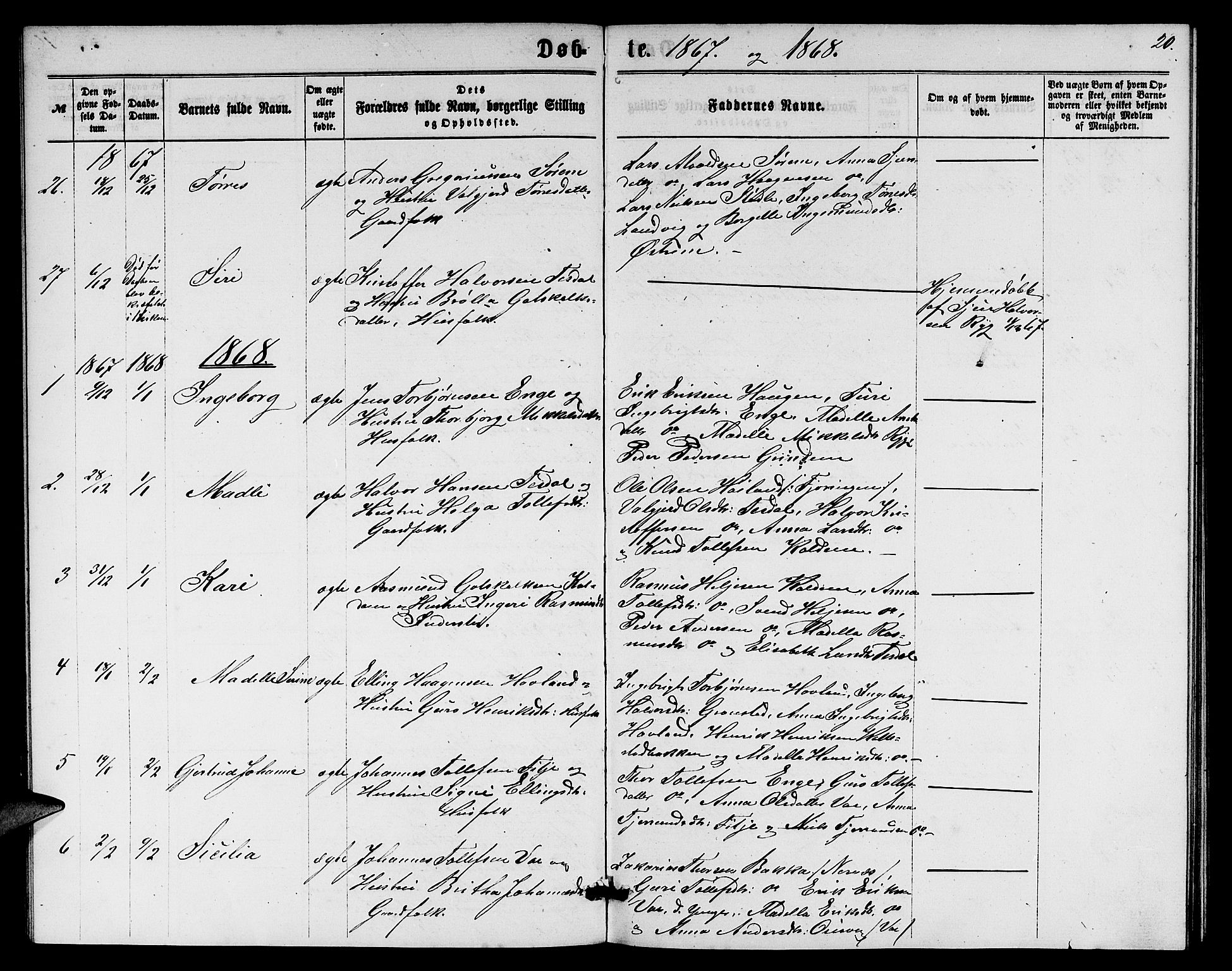 Etne sokneprestembete, SAB/A-75001/H/Hab: Parish register (copy) no. A 3, 1863-1873, p. 20
