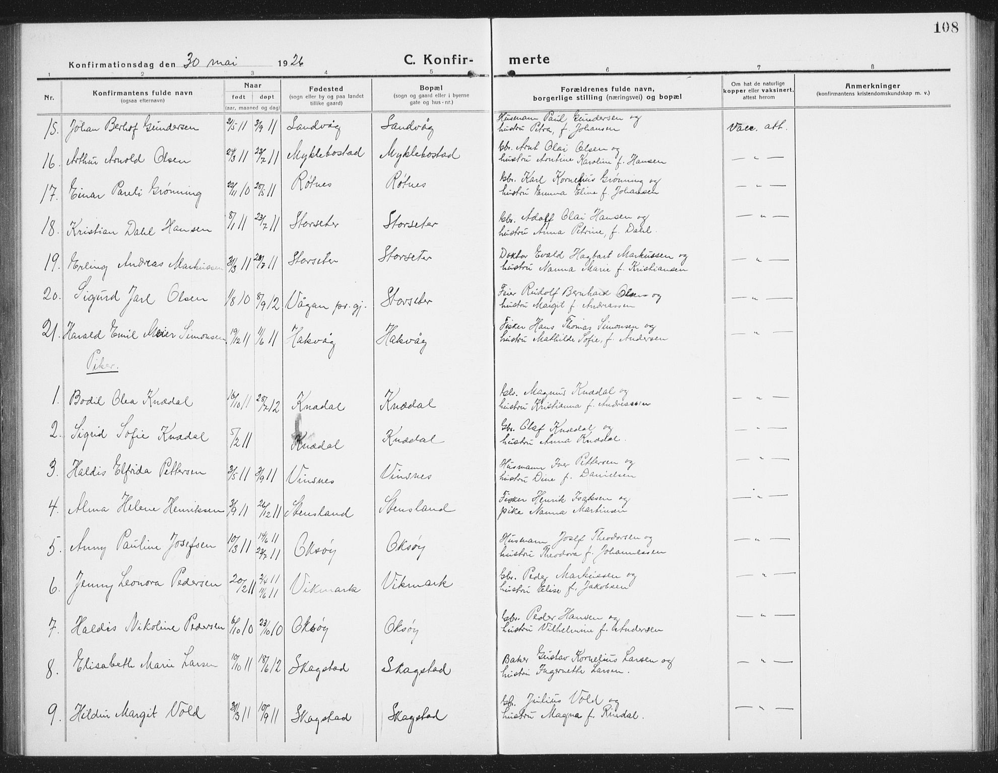 Ministerialprotokoller, klokkerbøker og fødselsregistre - Nordland, SAT/A-1459/855/L0817: Parish register (copy) no. 855C06, 1917-1934, p. 108