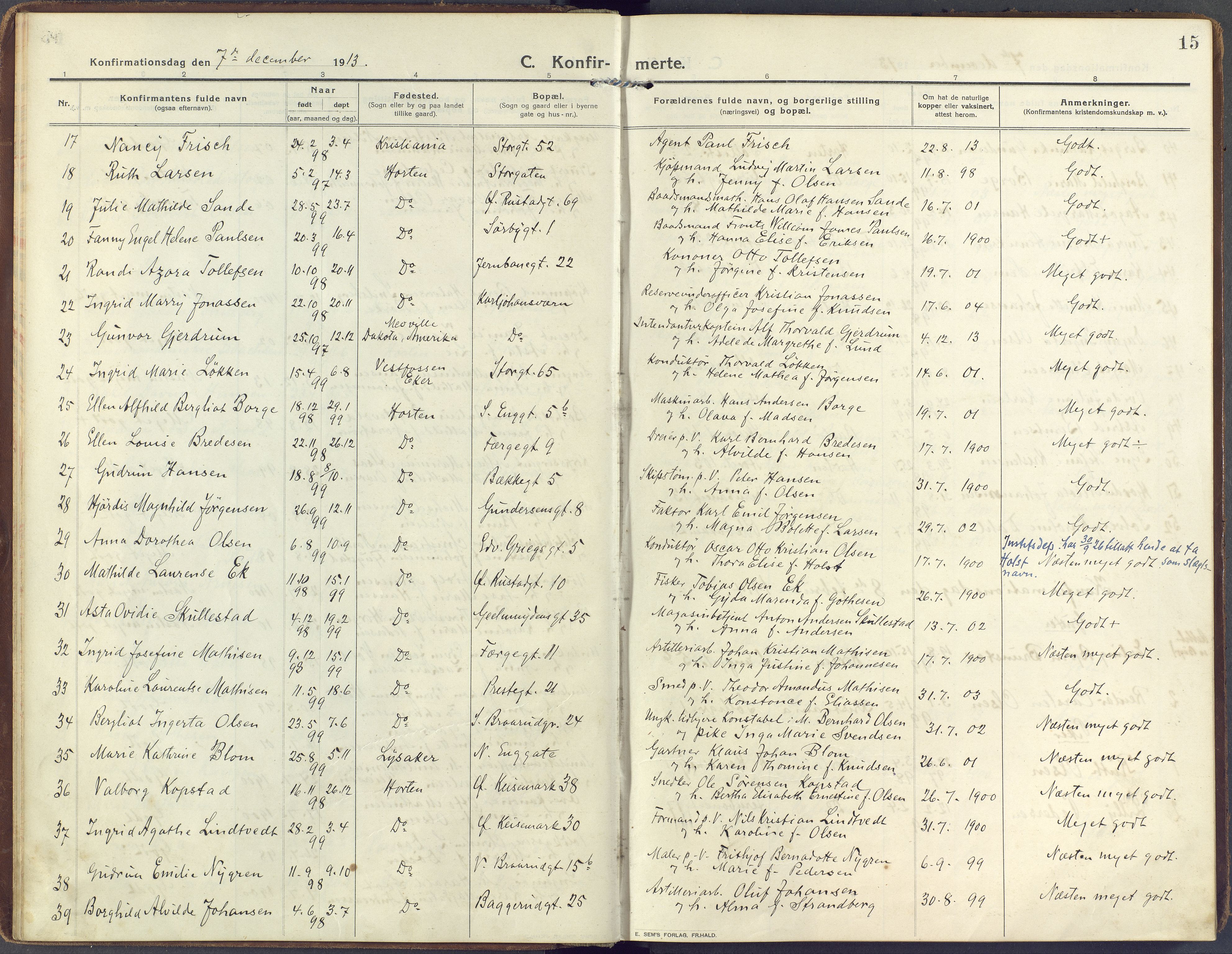 Horten kirkebøker, SAKO/A-348/F/Fa/L0010: Parish register (official) no. 10, 1913-1925, p. 15